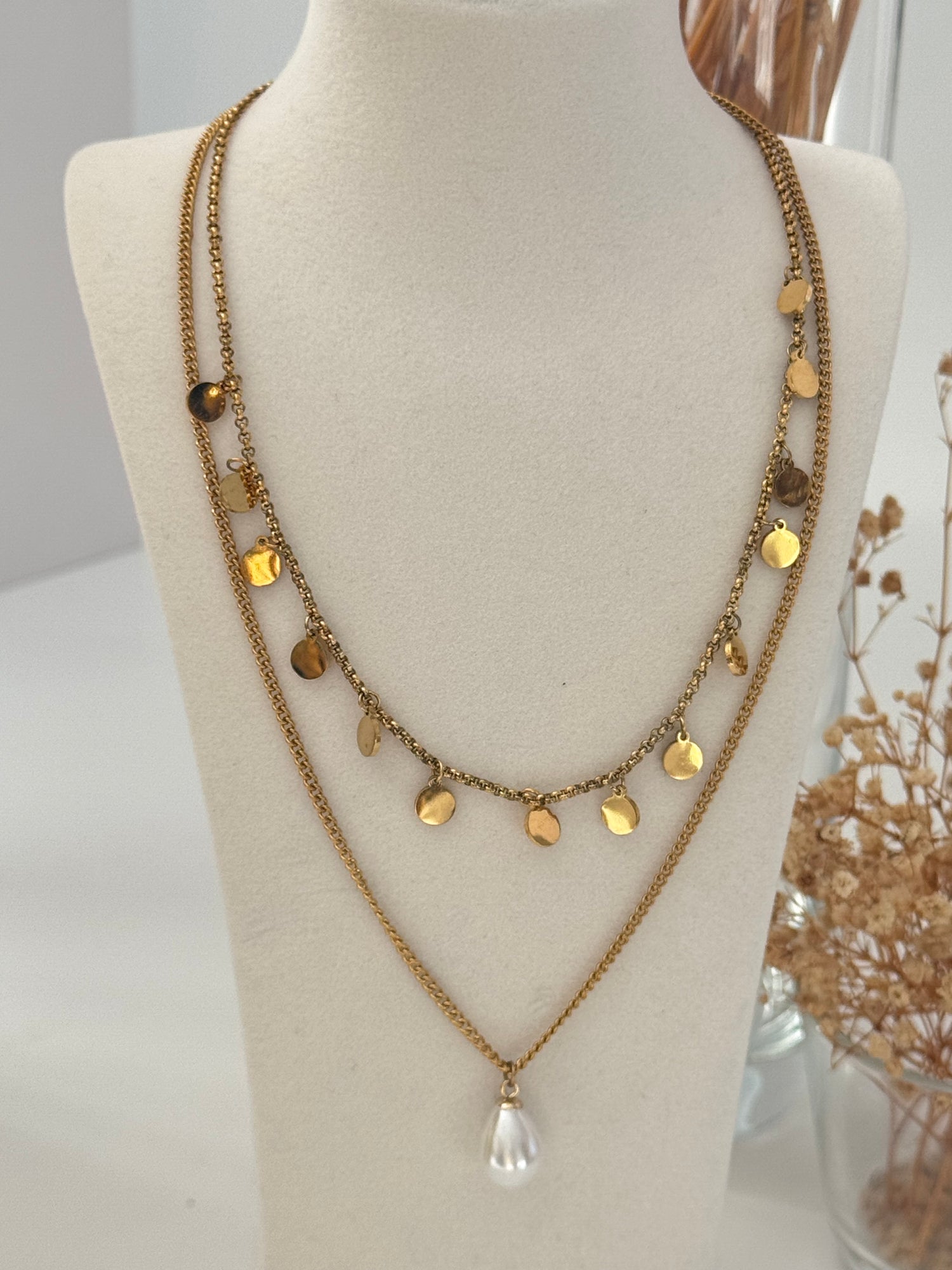 İNCİ DETAYLI DETAYLI GOLD ÇELİK KOLYE