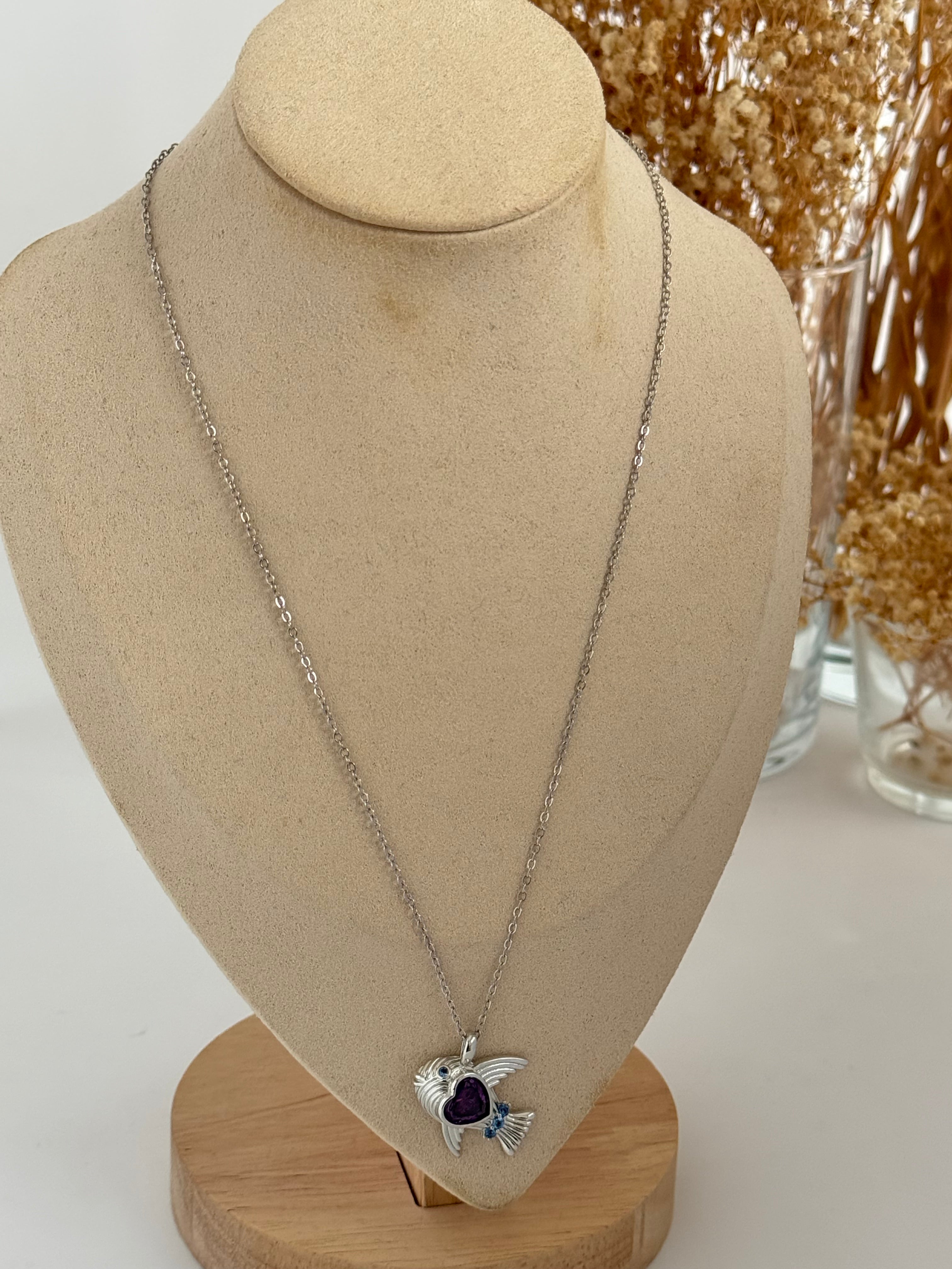 İTHAL MOR TAŞLI BALIK UZUN SİLVER KOLYE