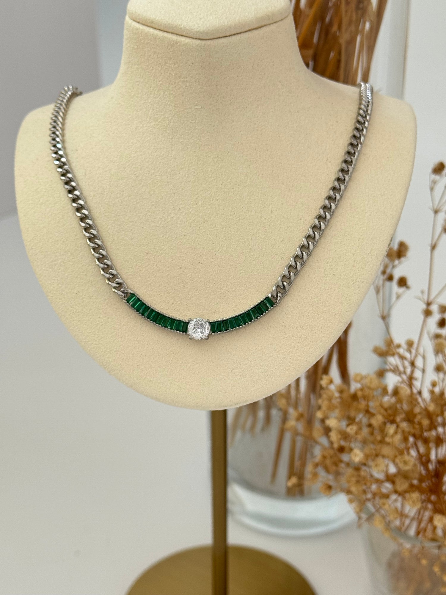 İTHAL YEŞİL TAŞLI SİLVER ZİNCİR KOLYE