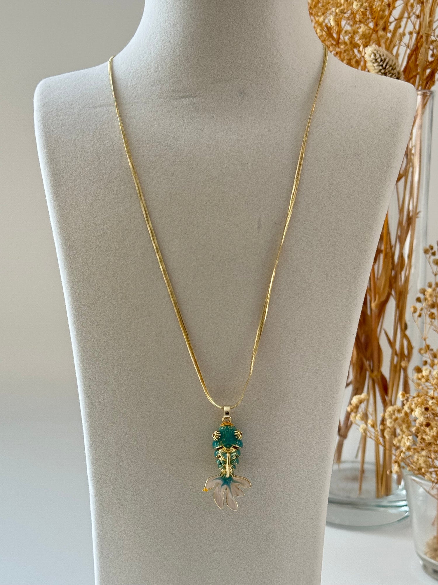 İTHAL TURKUAZ BALIK GOLD UZUN KOLYE 60cm