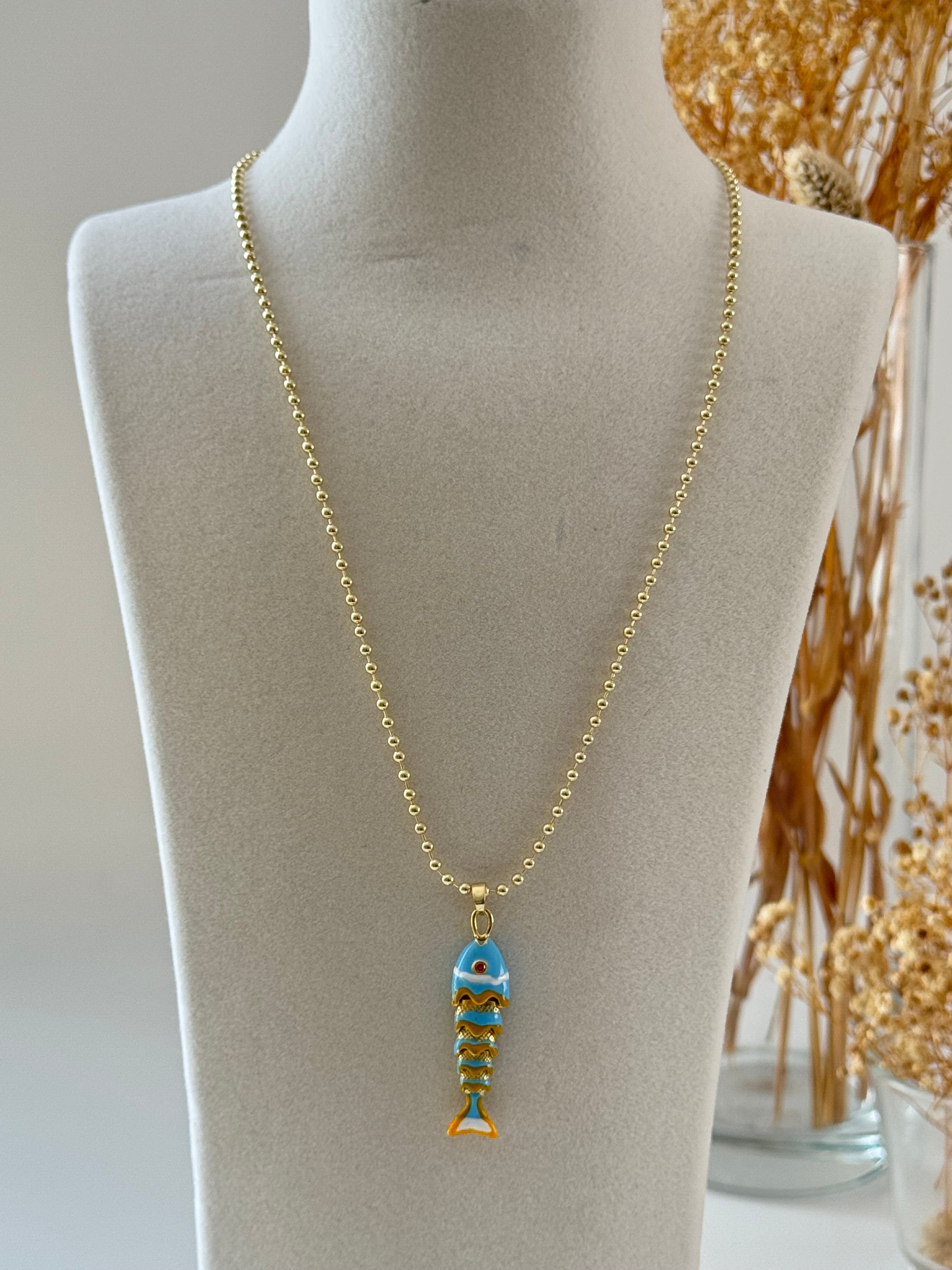 İTHAL MAVİ BALIK GOLD UZUN KOLYE 60cm