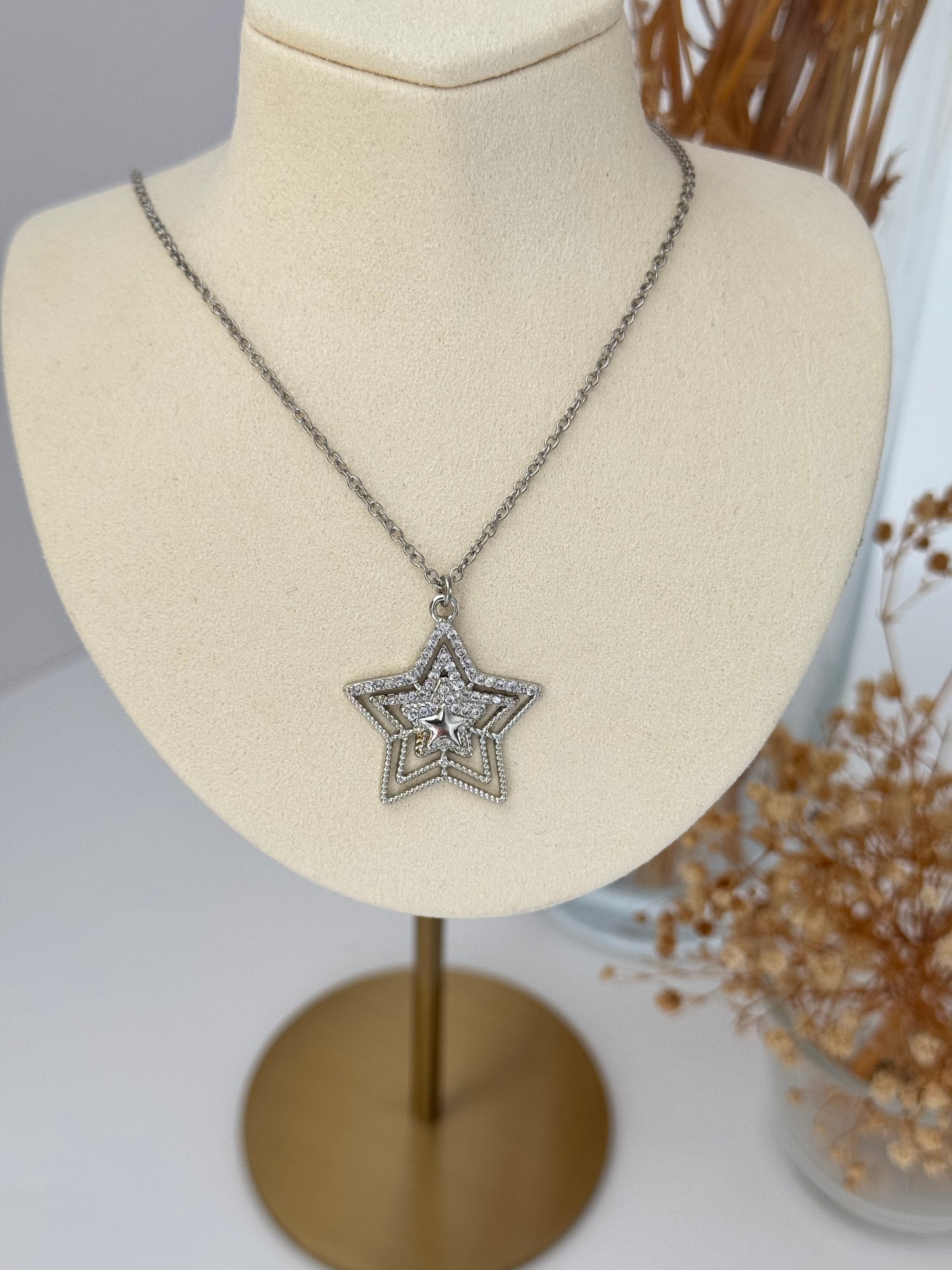 İTHAL YILDIZ DETAYLI UZUN SİLVER  KOLYE