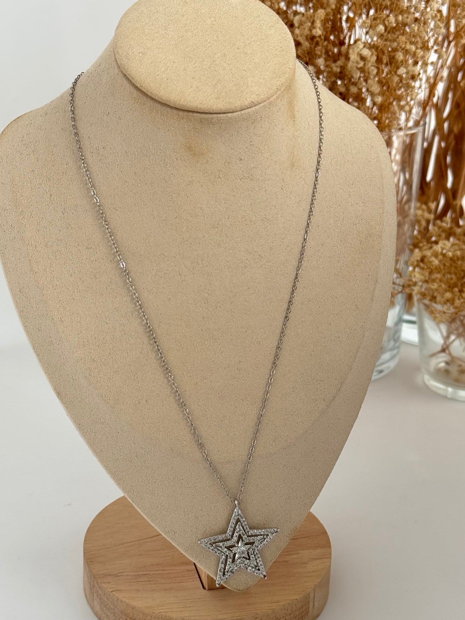 İTHAL YILDIZ DETAYLI UZUN SİLVER KOLYE