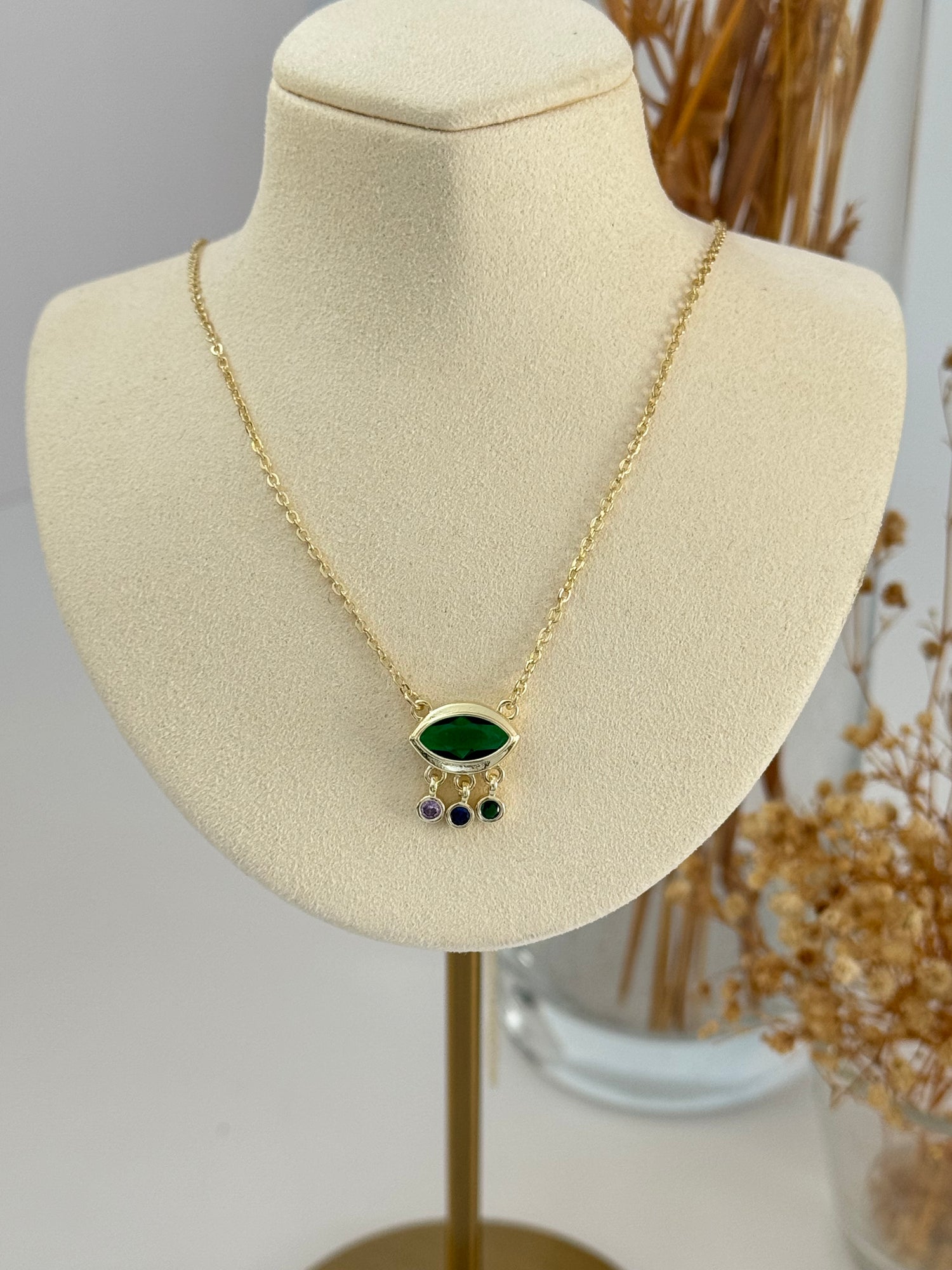 ELZA YEŞİL TAŞ DETAYLI GOLD GÖZ KOLYE