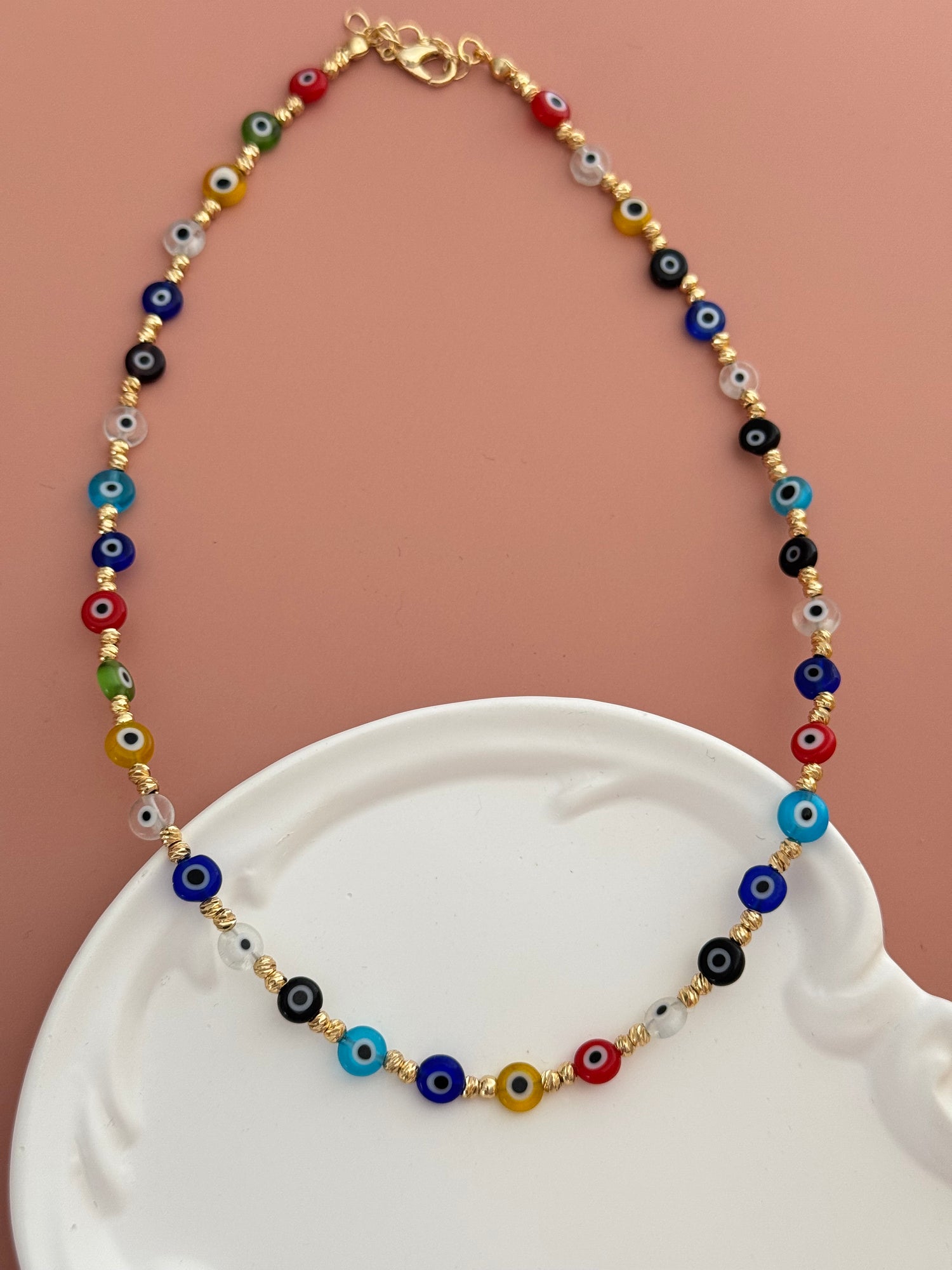 AURİ RENKLİ NAZAR BONCUKLU ALTIN KAPLAMA DETAYLI KOLYE