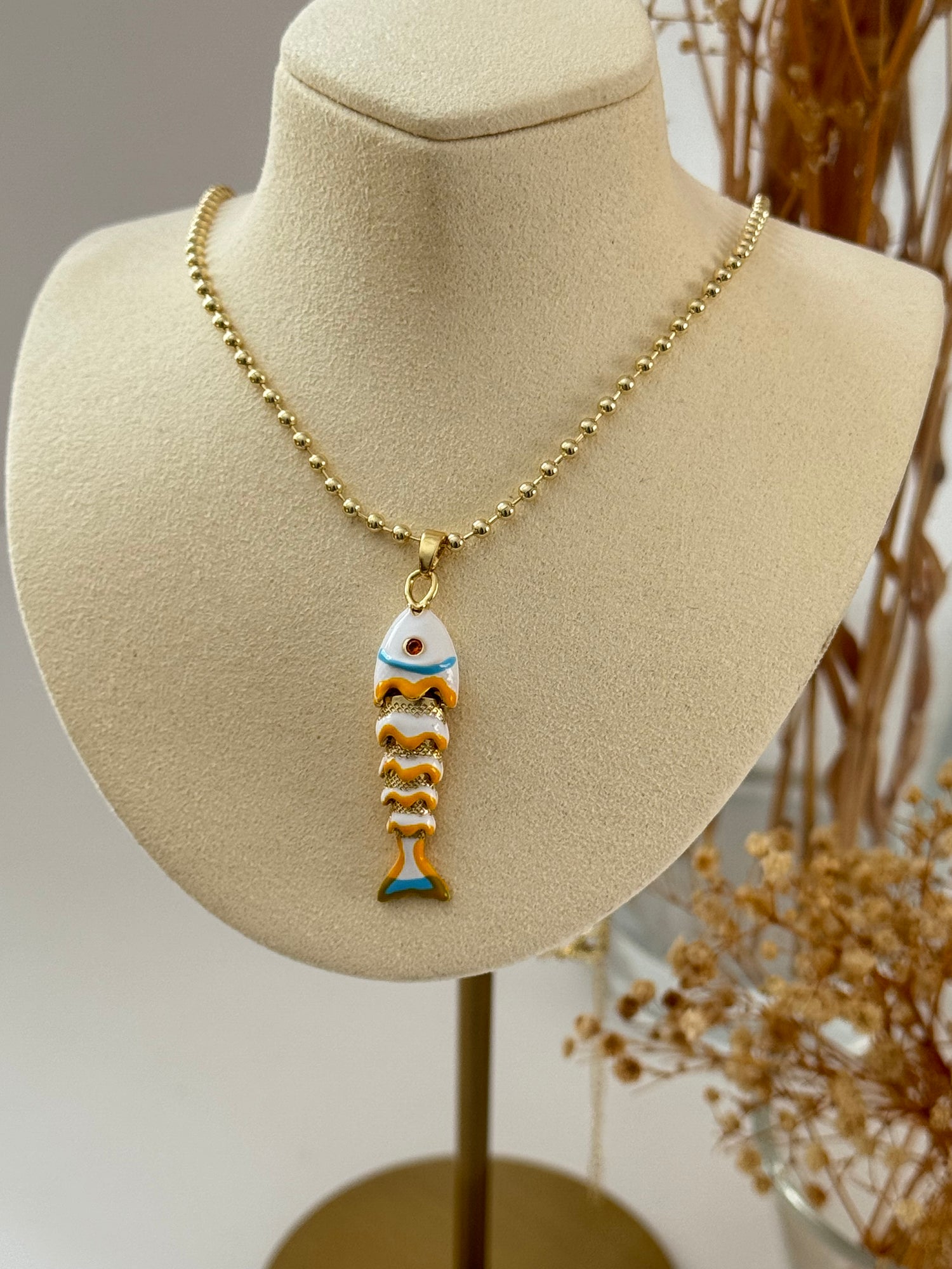 İTHAL BEYAZ BALIK GOLD UZUN KOLYE 60cm