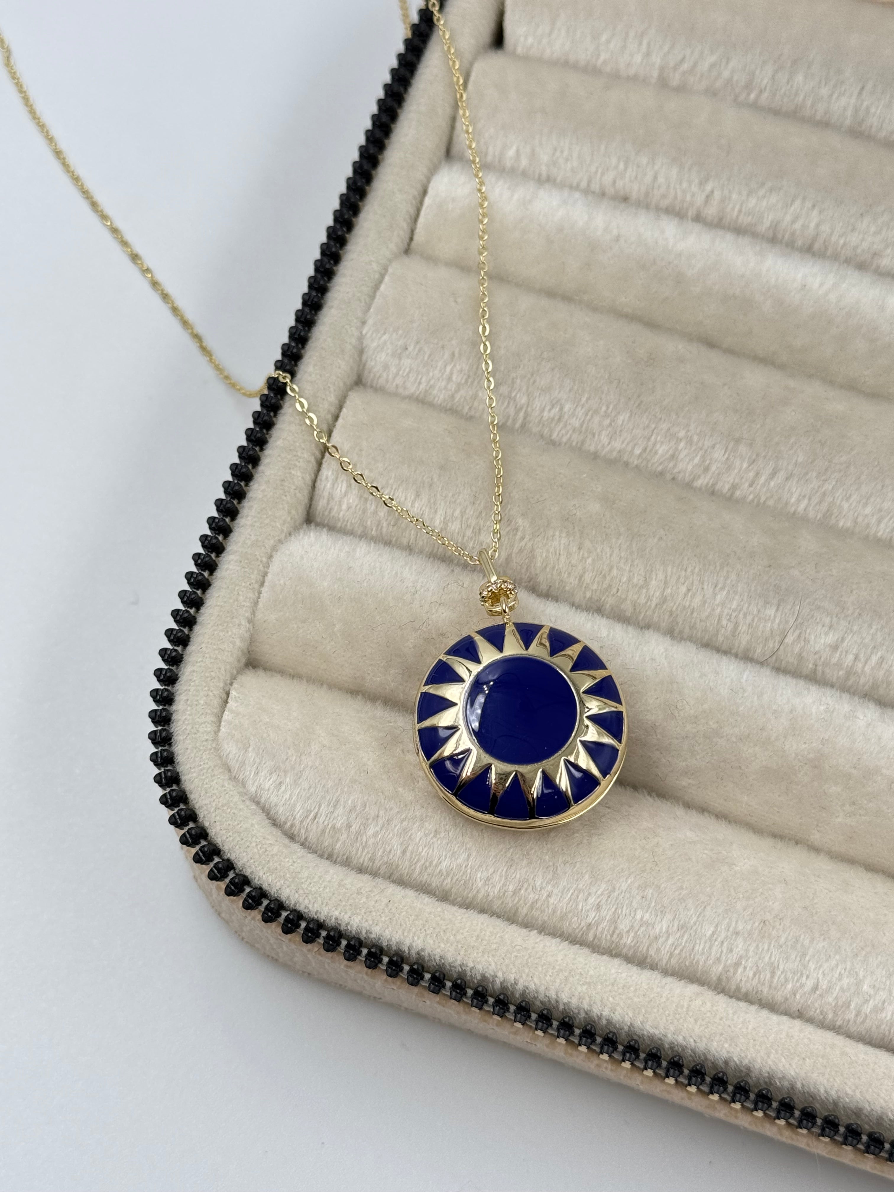 İTHAL KAPAKLI AÇILABİLİR RESİMLİKLİ MAVİ MİNELİ UZUN GOLD KOLYE