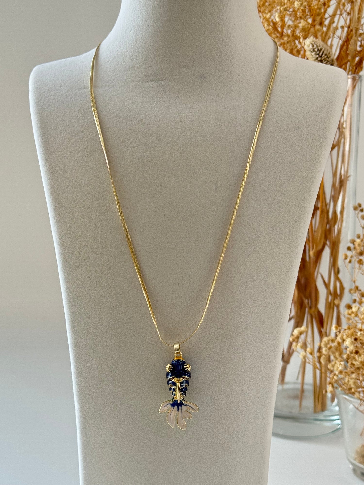 İTHAL LACİVERT BALIK GOLD UZUN KOLYE 60cm