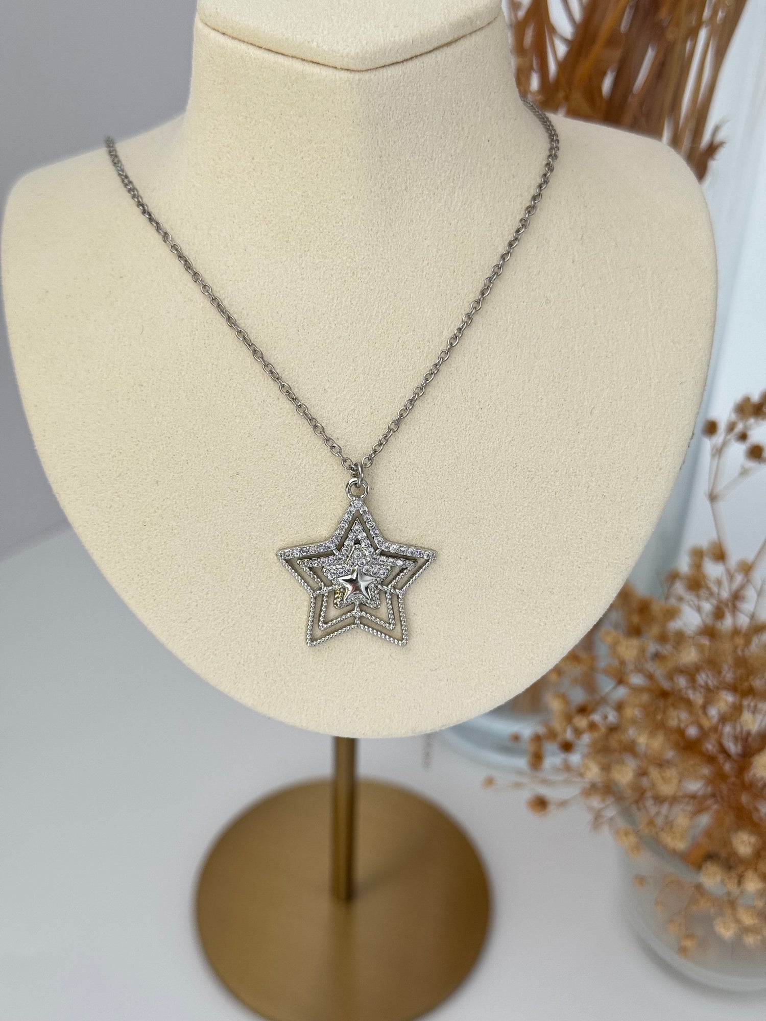 İTHAL YILDIZ DETAYLI UZUN SİLVER  KOLYE