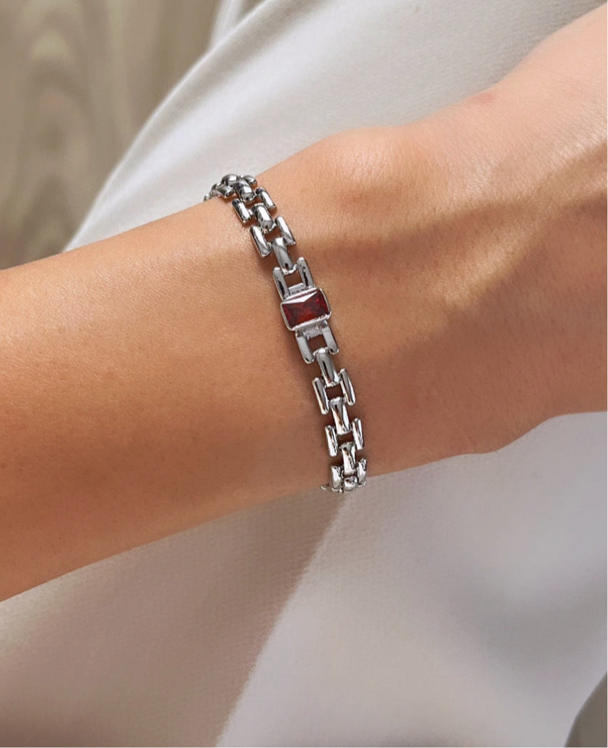 KIRMIZI TAŞLI SİLVER ÇELİK BİLEKLİK