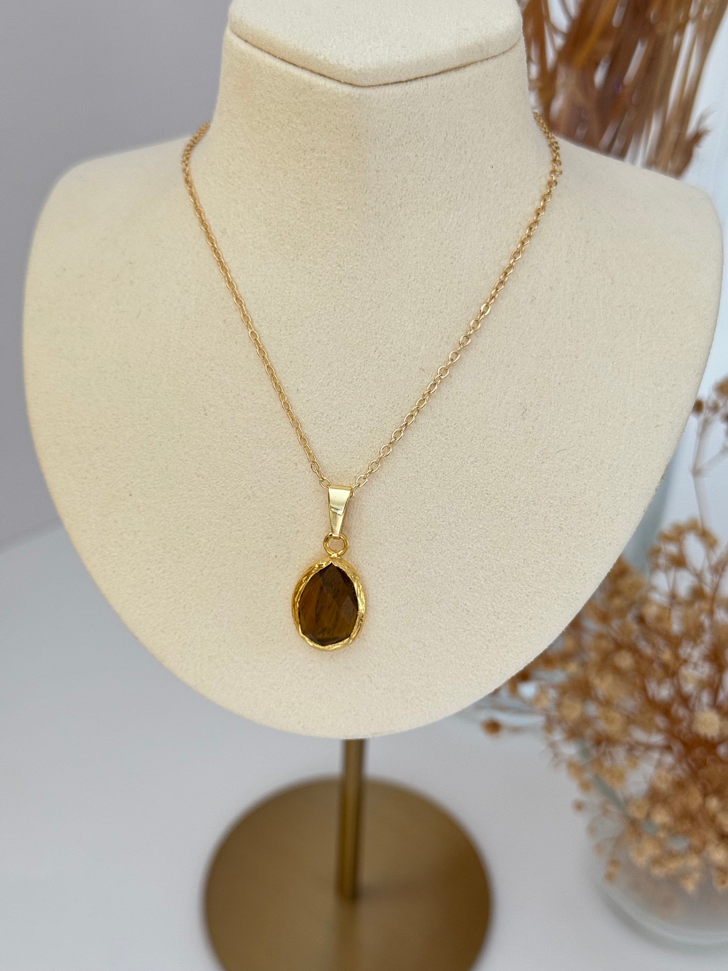 KAHVERENGİ DOĞAL TAŞLI ALTIN KAPLAMA KOLYE