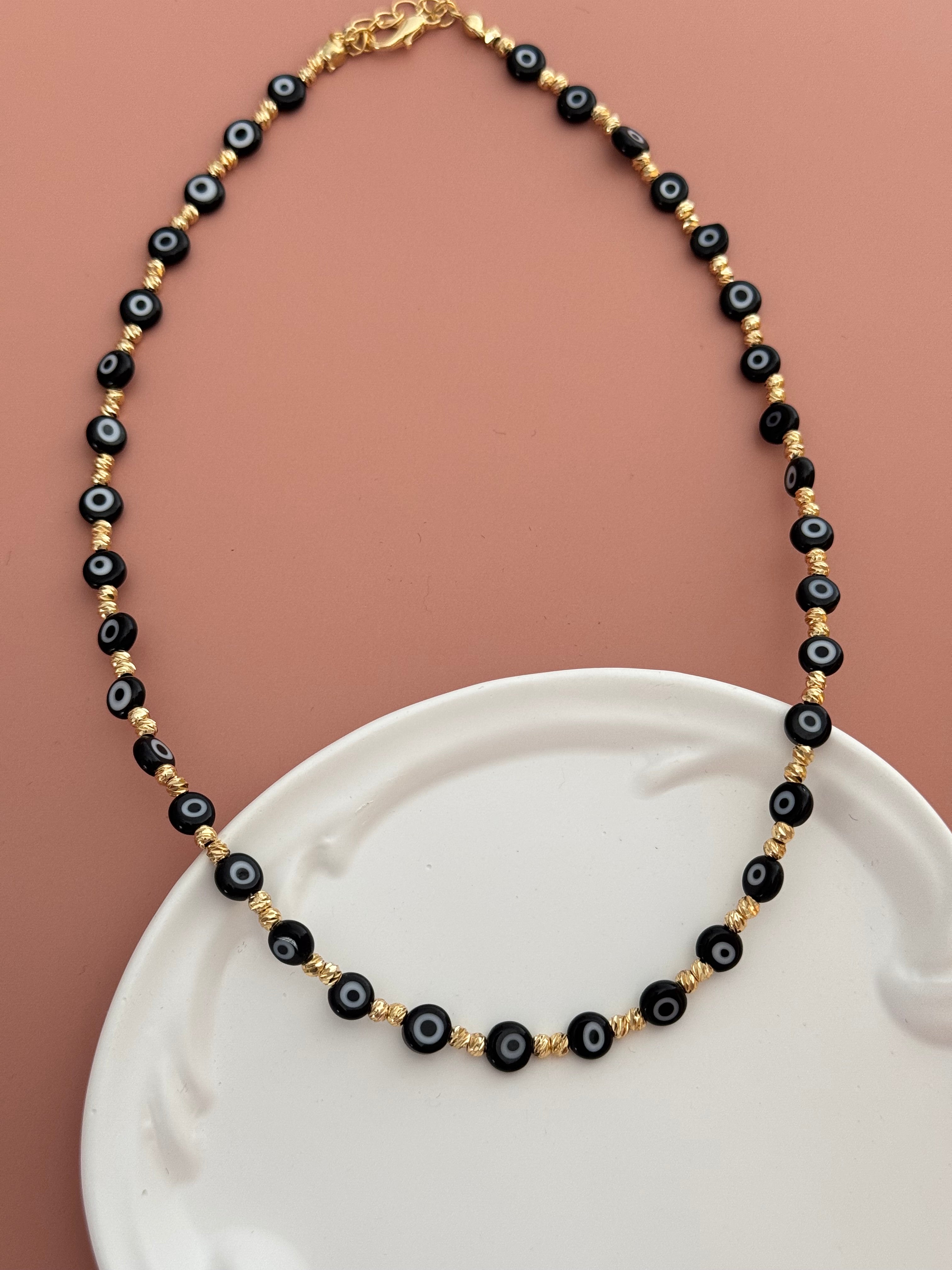 AURİ SİYAH NAZAR BONCUKLU ALTIN KAPLAMA DETAYLI KOLYE