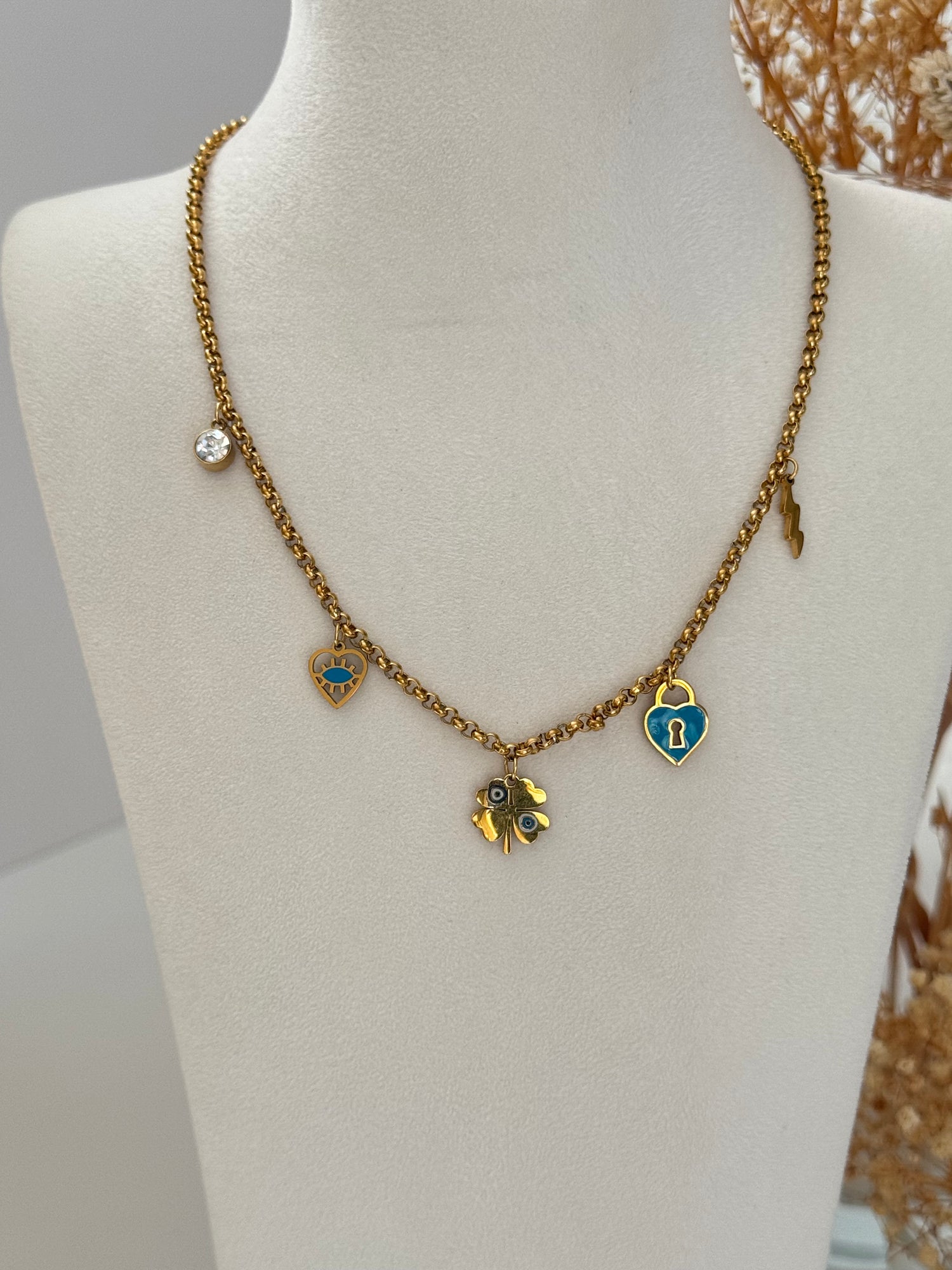 MAVİ MİNE DETAYLI GOLD ÇELİK KOLYE