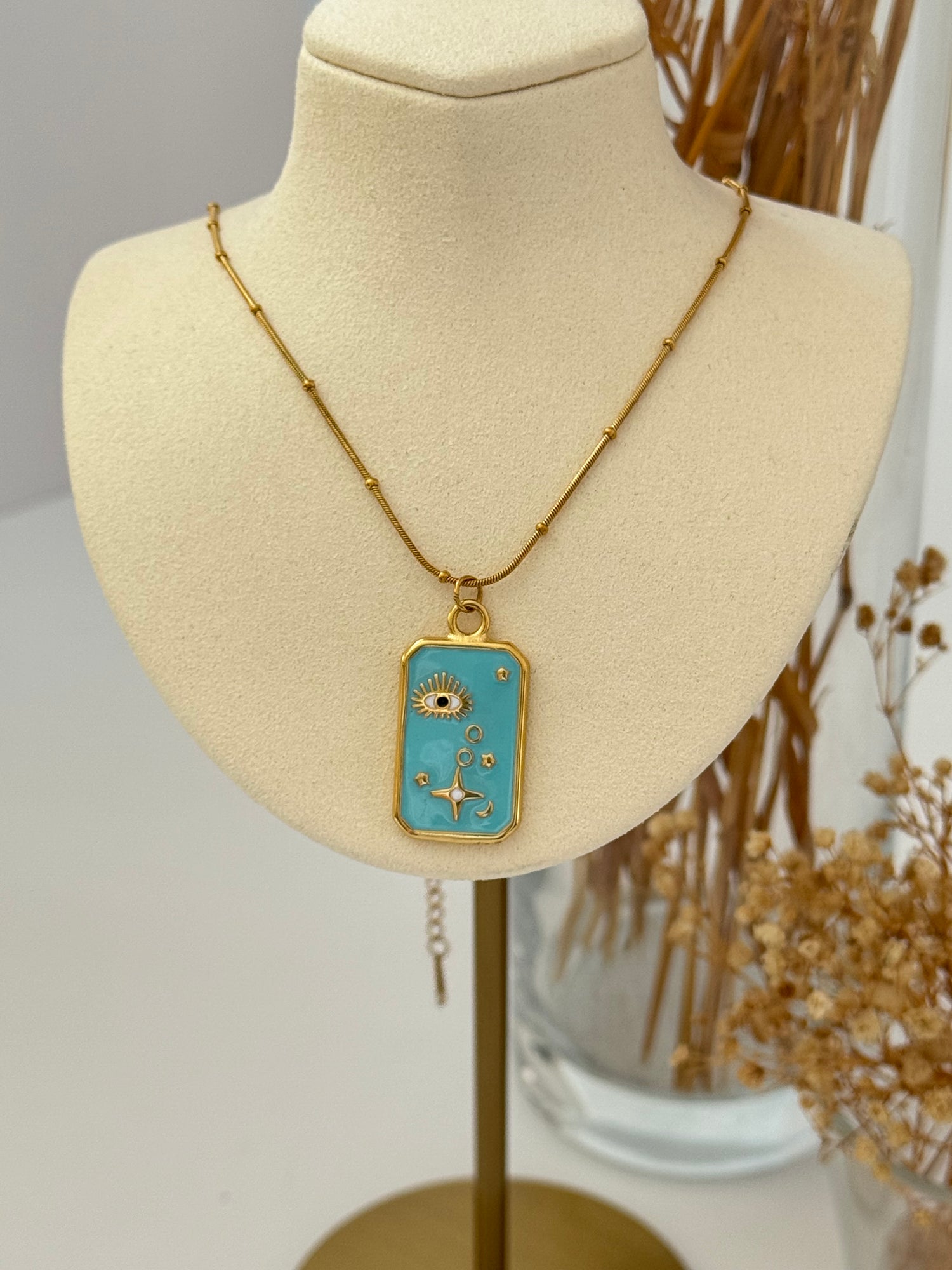 MAVİ RENKLİ GOLD TAROT ÇELİK KOLYE