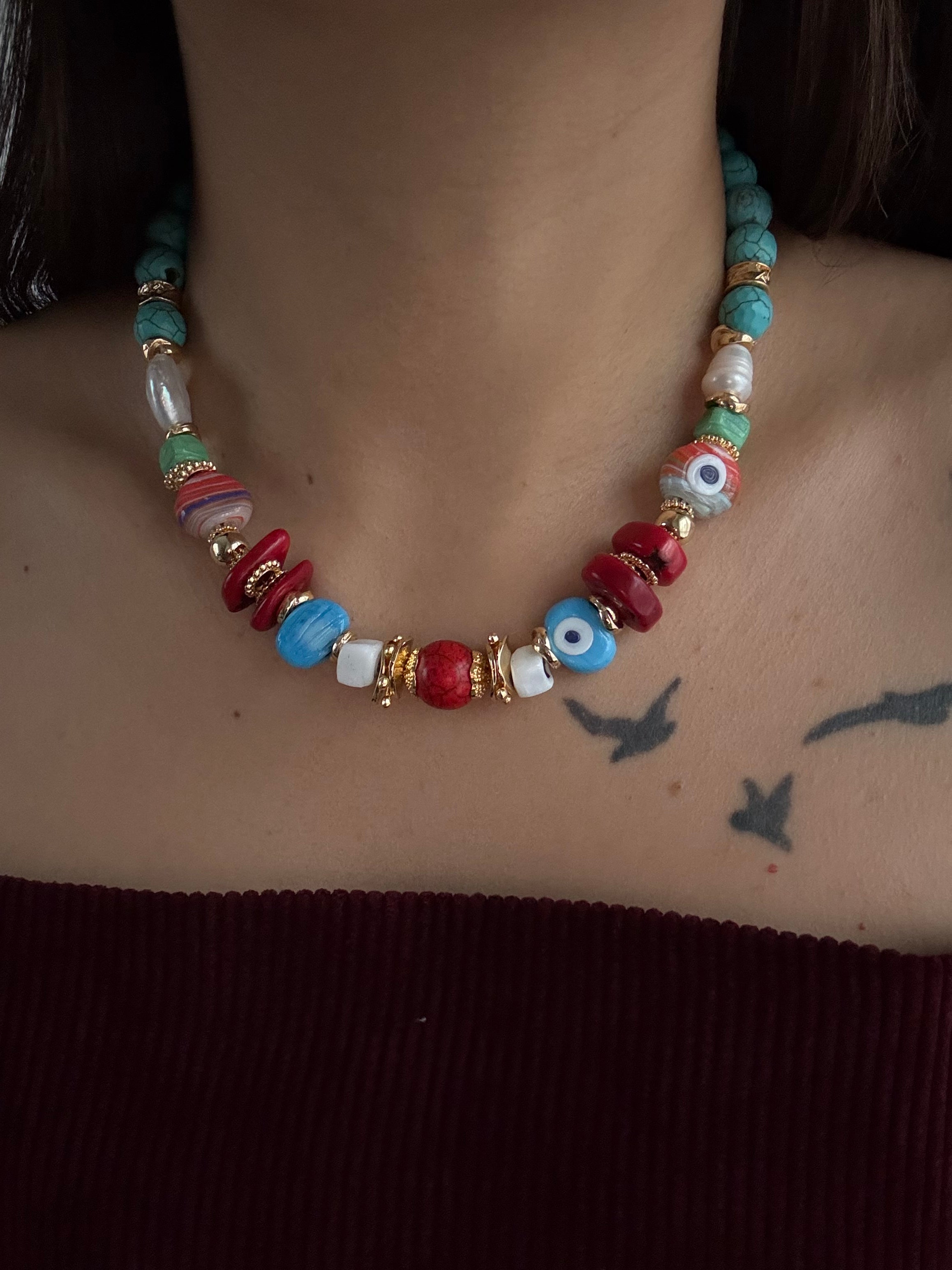 ZİBA RENKLİ DOĞAL TAŞLI NAZAR BONCUK DETAYLI KOLYE