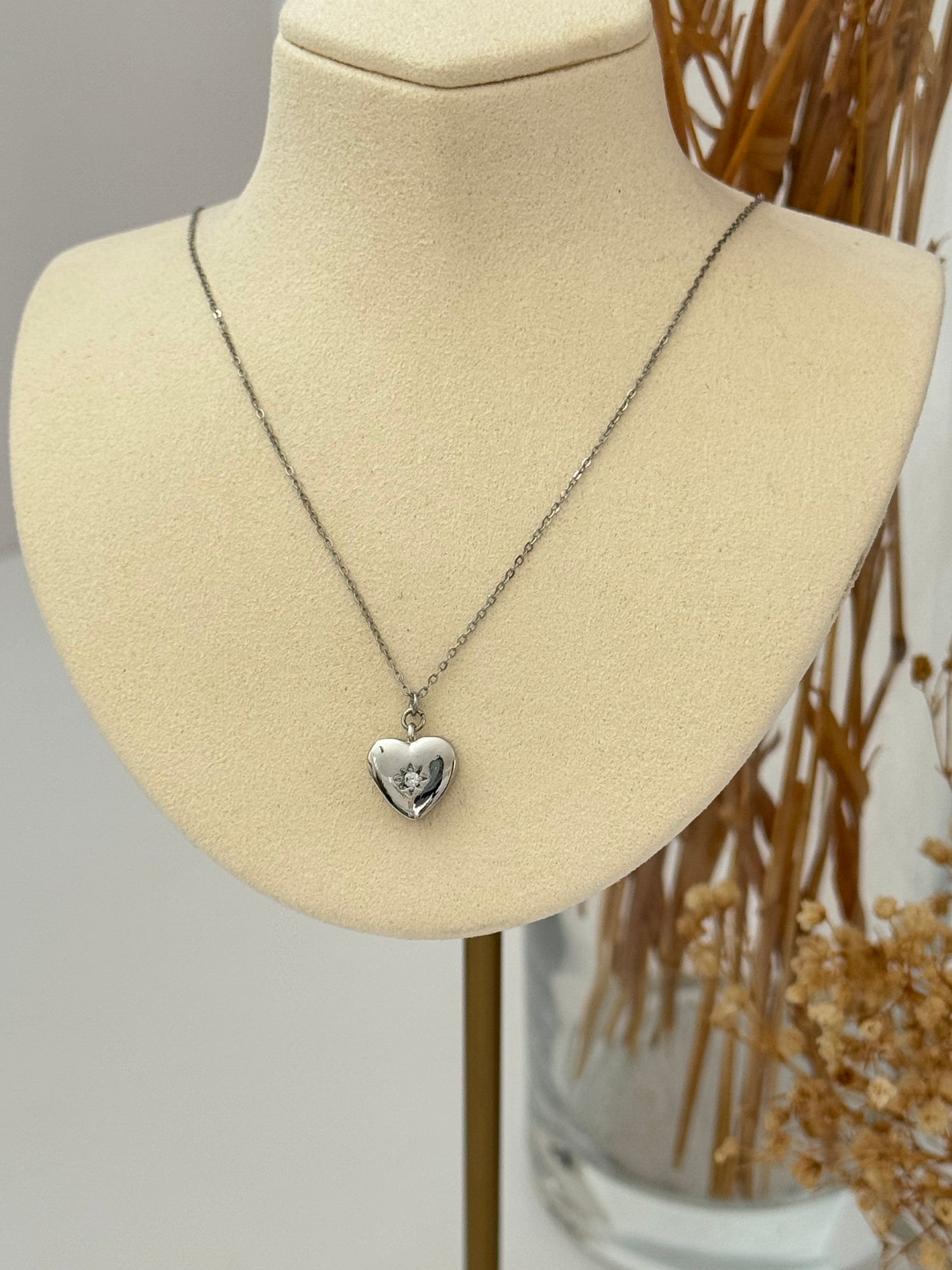 TAŞLI MİNİK KALP UÇLU SİLVER ÇELİK KOLYE