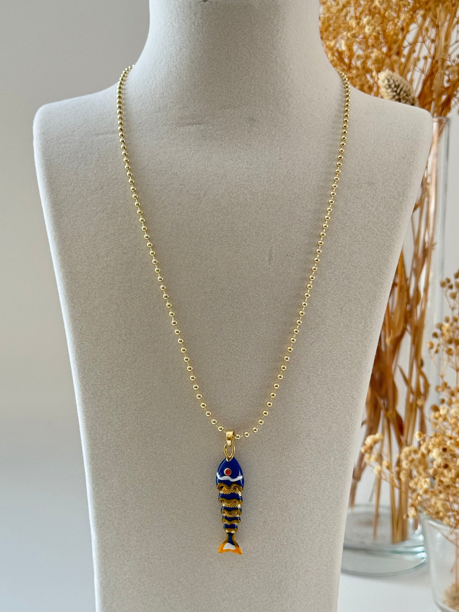 İTHAL LACİVERT BALIK GOLD UZUN KOLYE 60cm