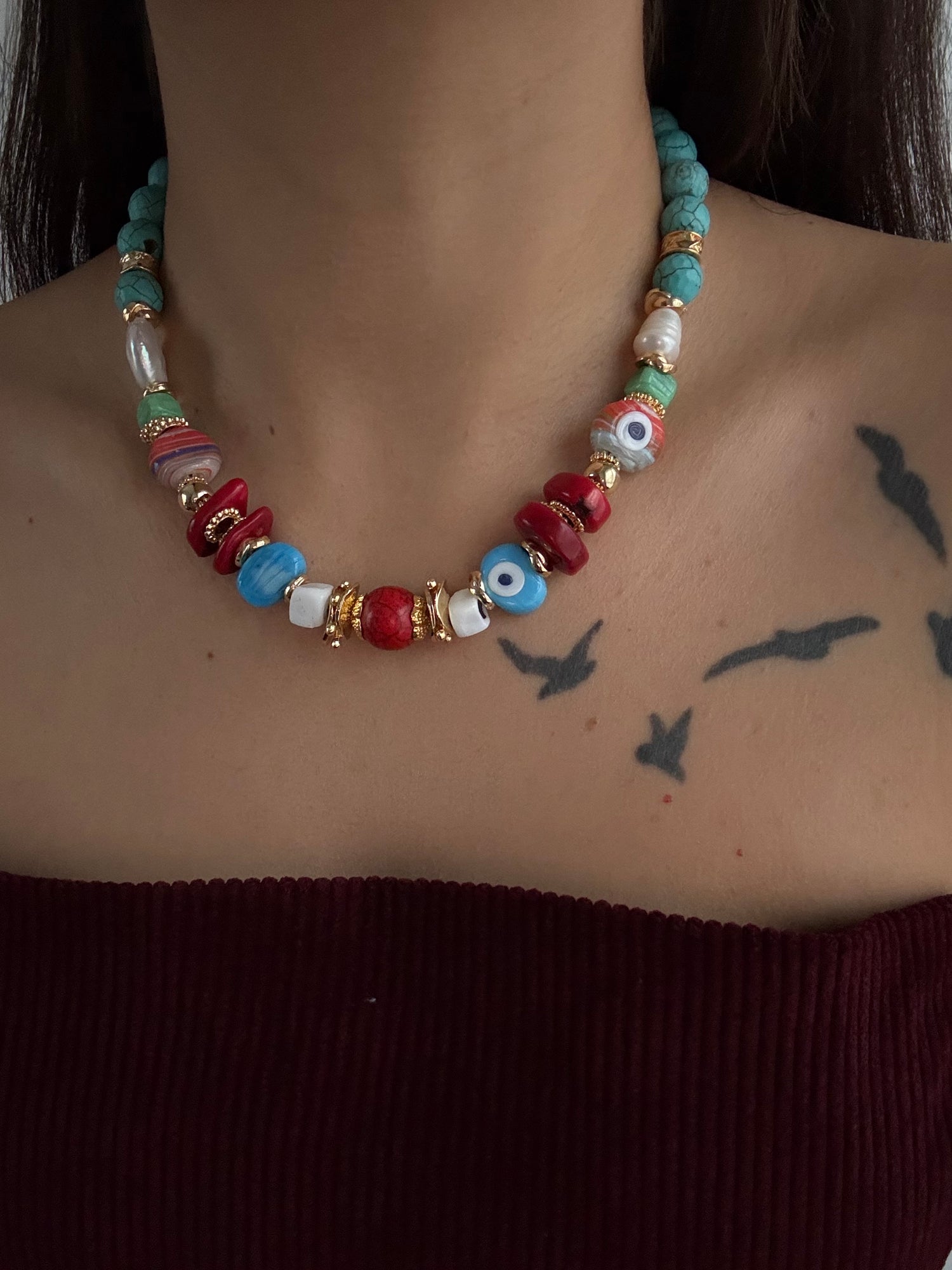 ZİBA RENKLİ DOĞAL TAŞLI NAZAR BONCUK DETAYLI KOLYE