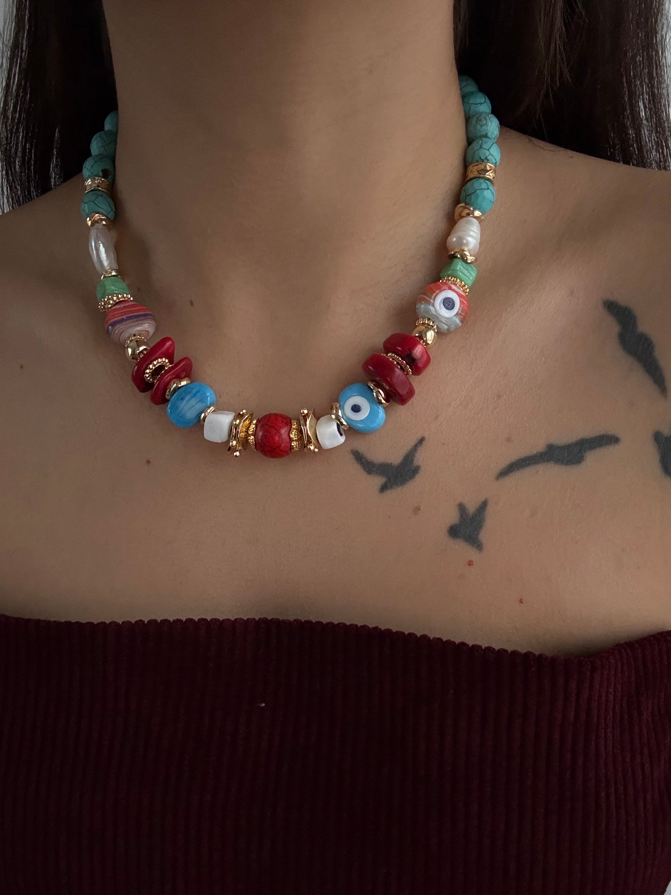 ZİBA RENKLİ DOĞAL TAŞLI NAZAR BONCUK DETAYLI KOLYE