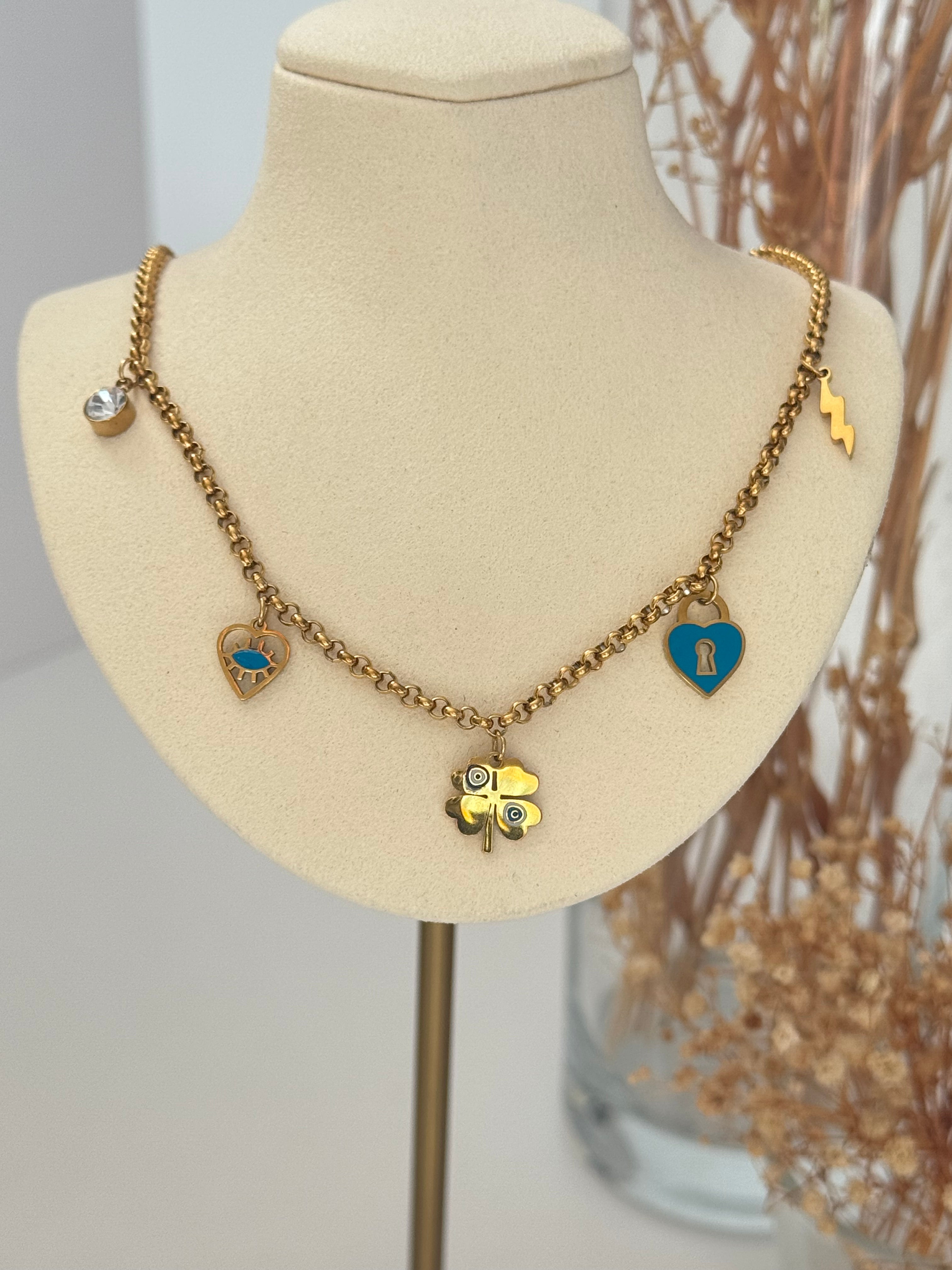 MAVİ MİNE DETAYLI GOLD ÇELİK KOLYE