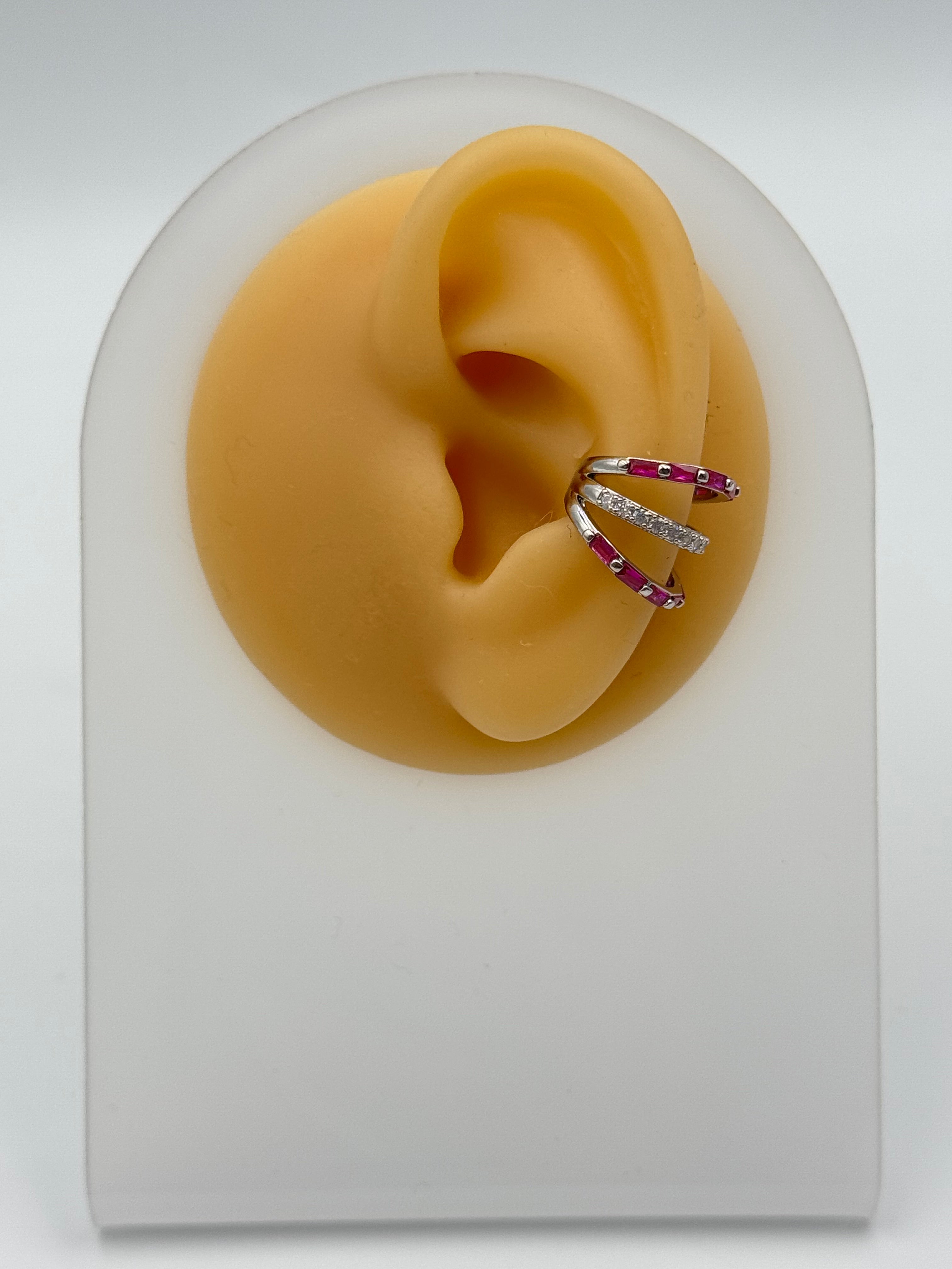 İTHAL FUŞYA TAŞ DETAYLI SİLVER KIKIRDAK KÜPE EARCUFF