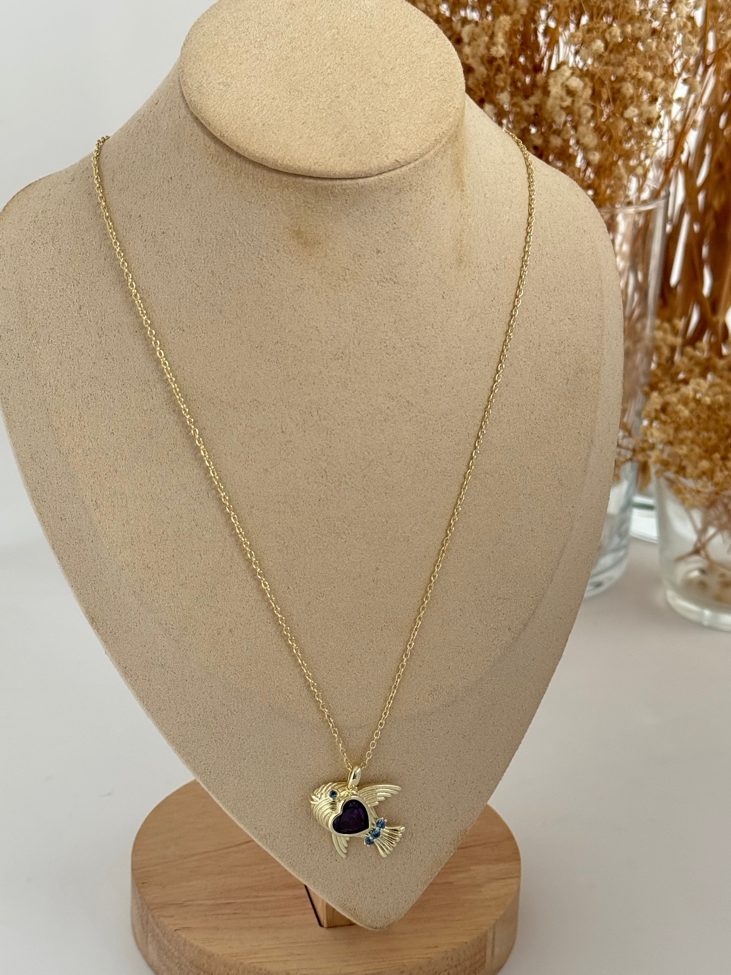 İTHAL MOR TAŞLI BALIK UZUN GOLD KOLYE