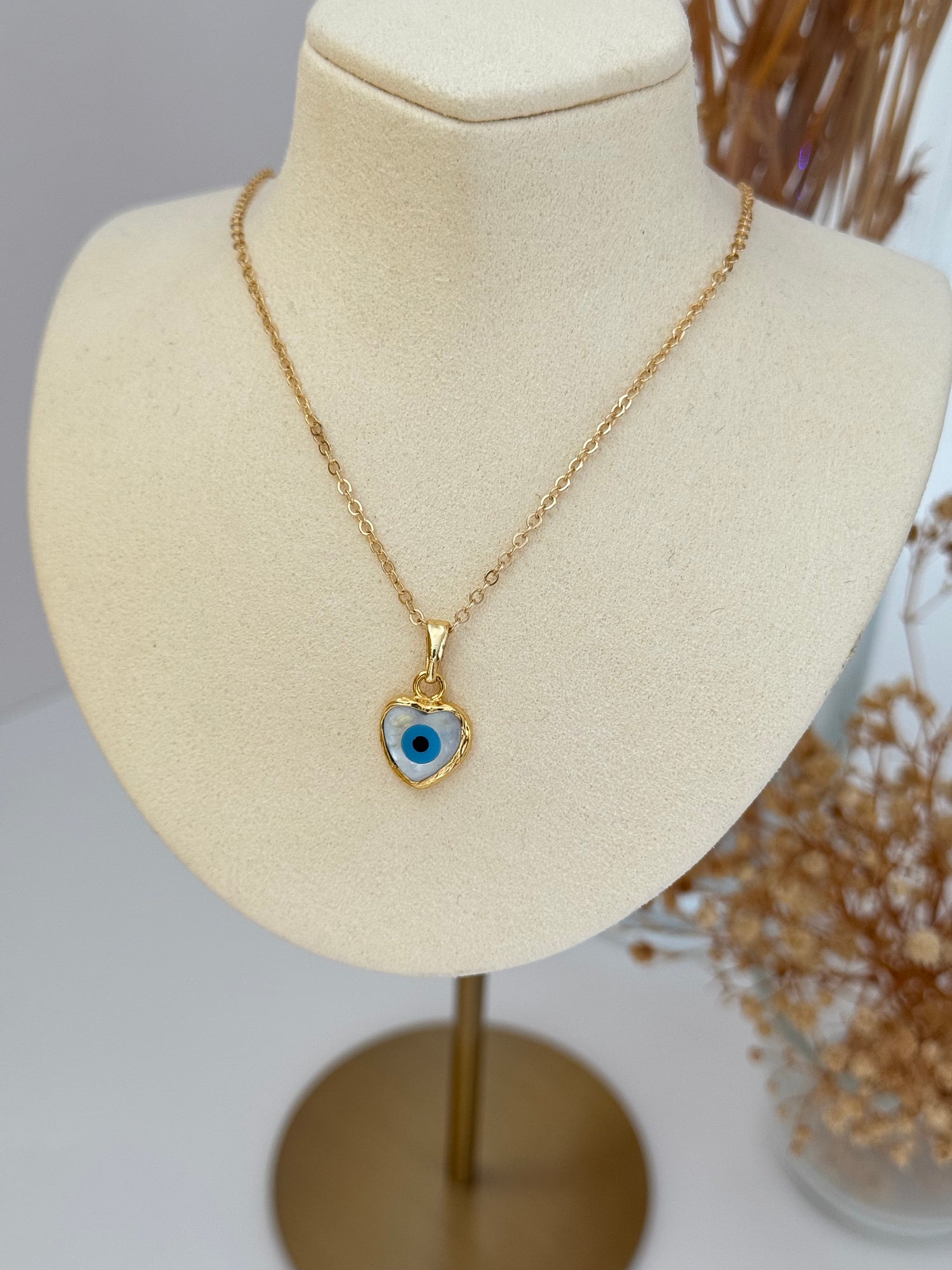 KALP DETAYLI NAZAR BONCUKLU DOĞAL TAŞLI ALTIN KAPLAMA KOLYE