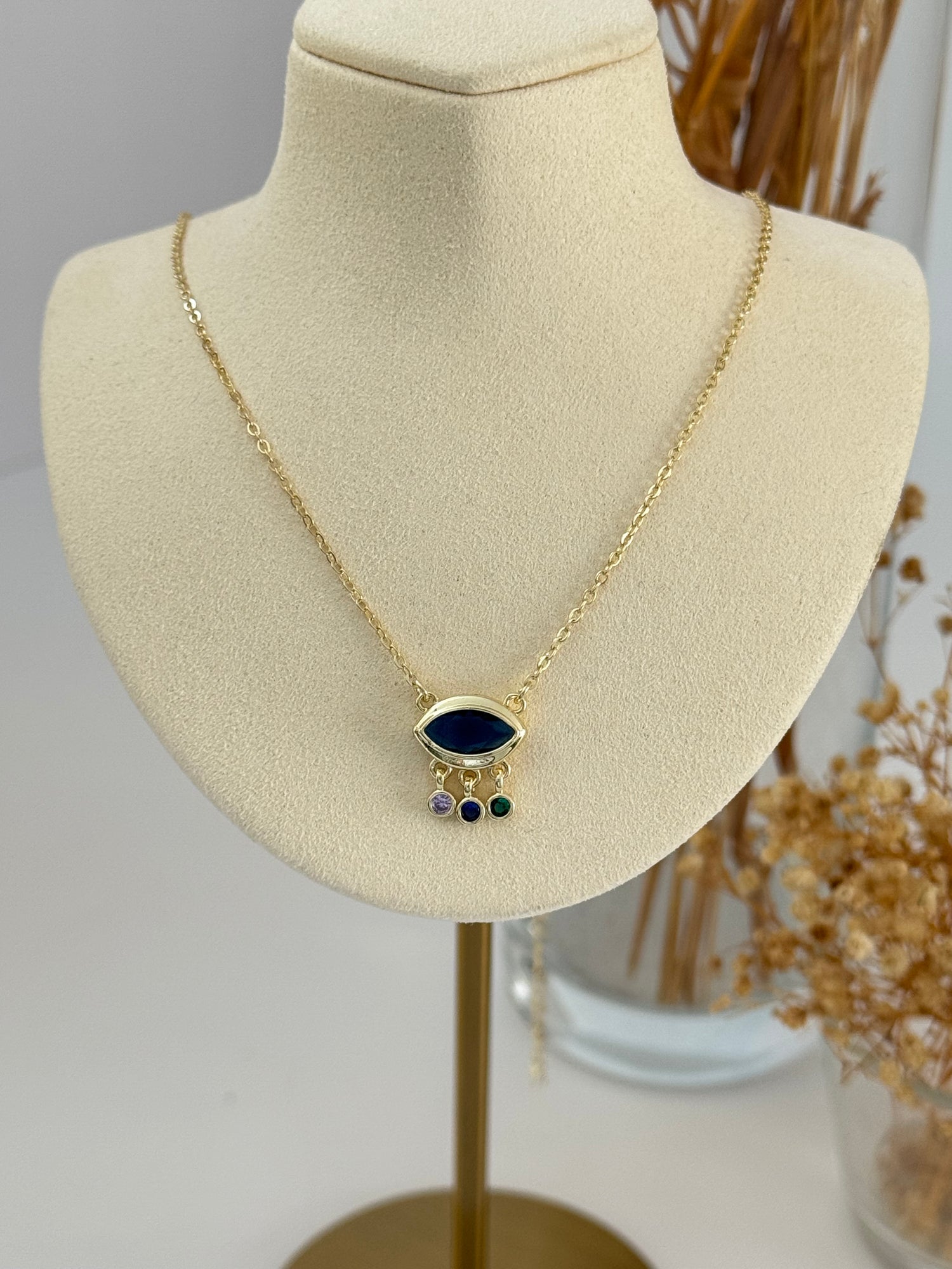 ELZA MAVİ TAŞ DETAYLI GOLD GÖZ KOLYE