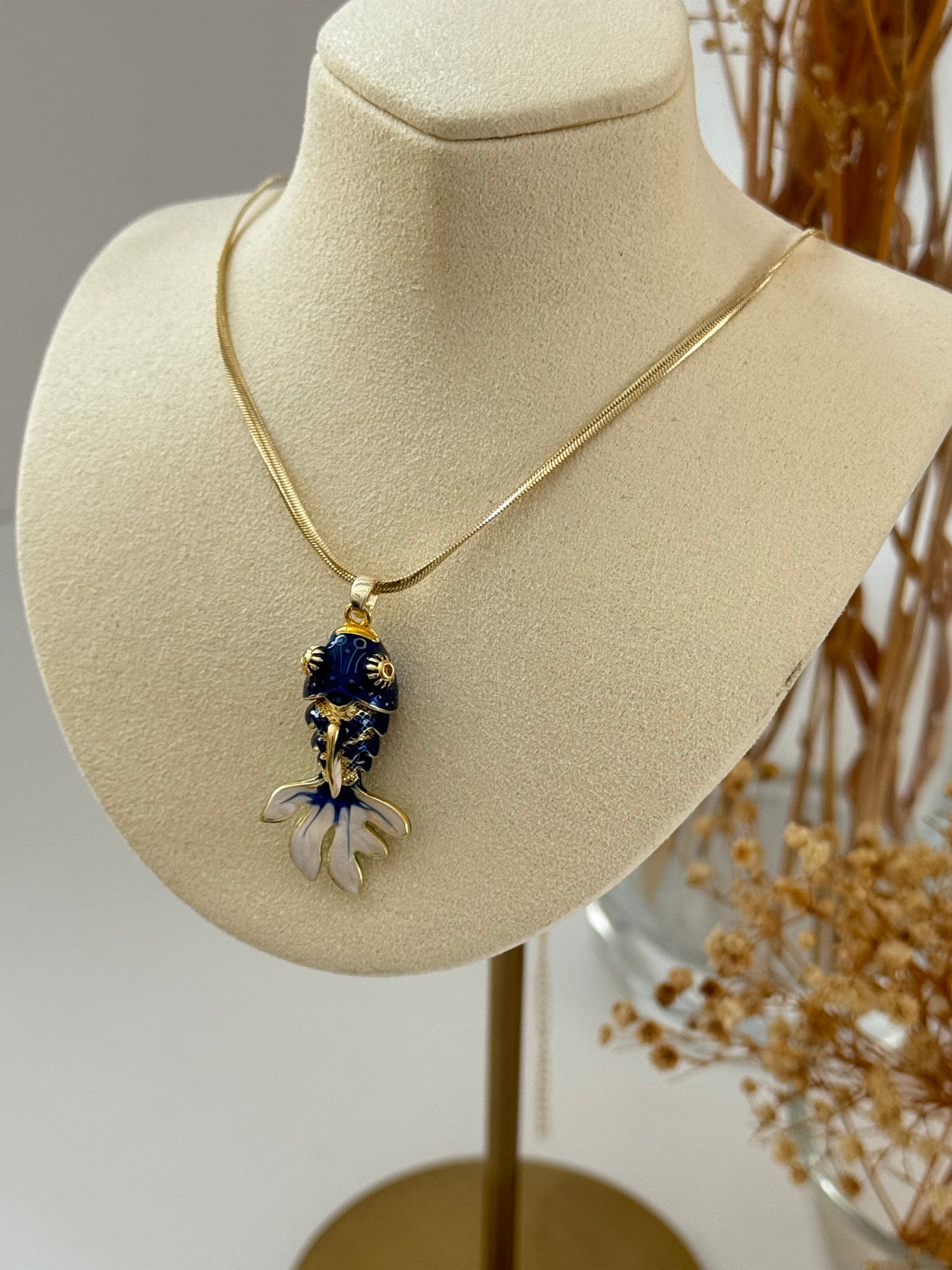 İTHAL LACİVERT BALIK GOLD UZUN KOLYE 60cm