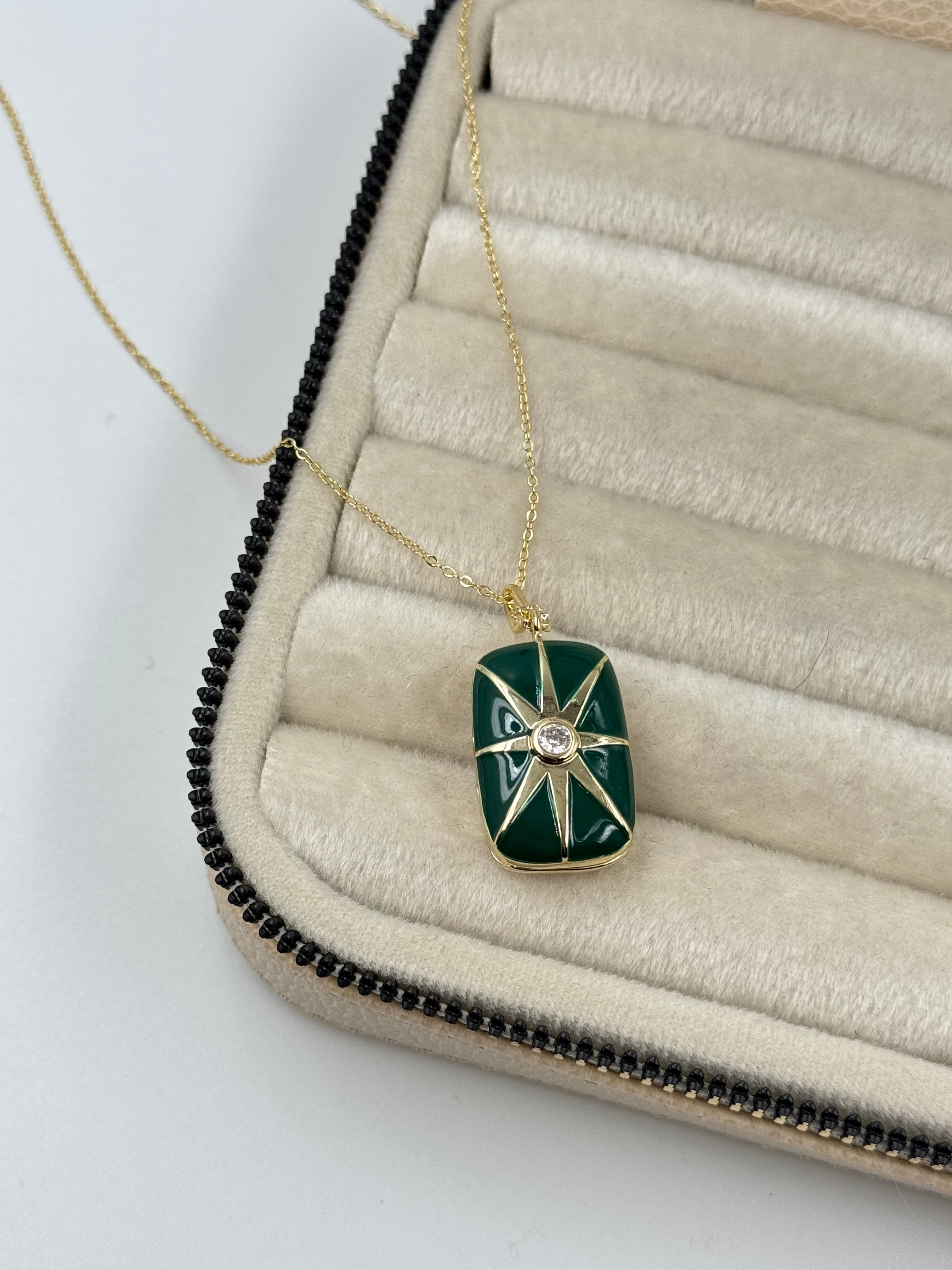 İTHAL KAPAKLI AÇILABİLİR RESİMLİKLİ YEŞİL MİNELİ UZUN GOLD KOLYE