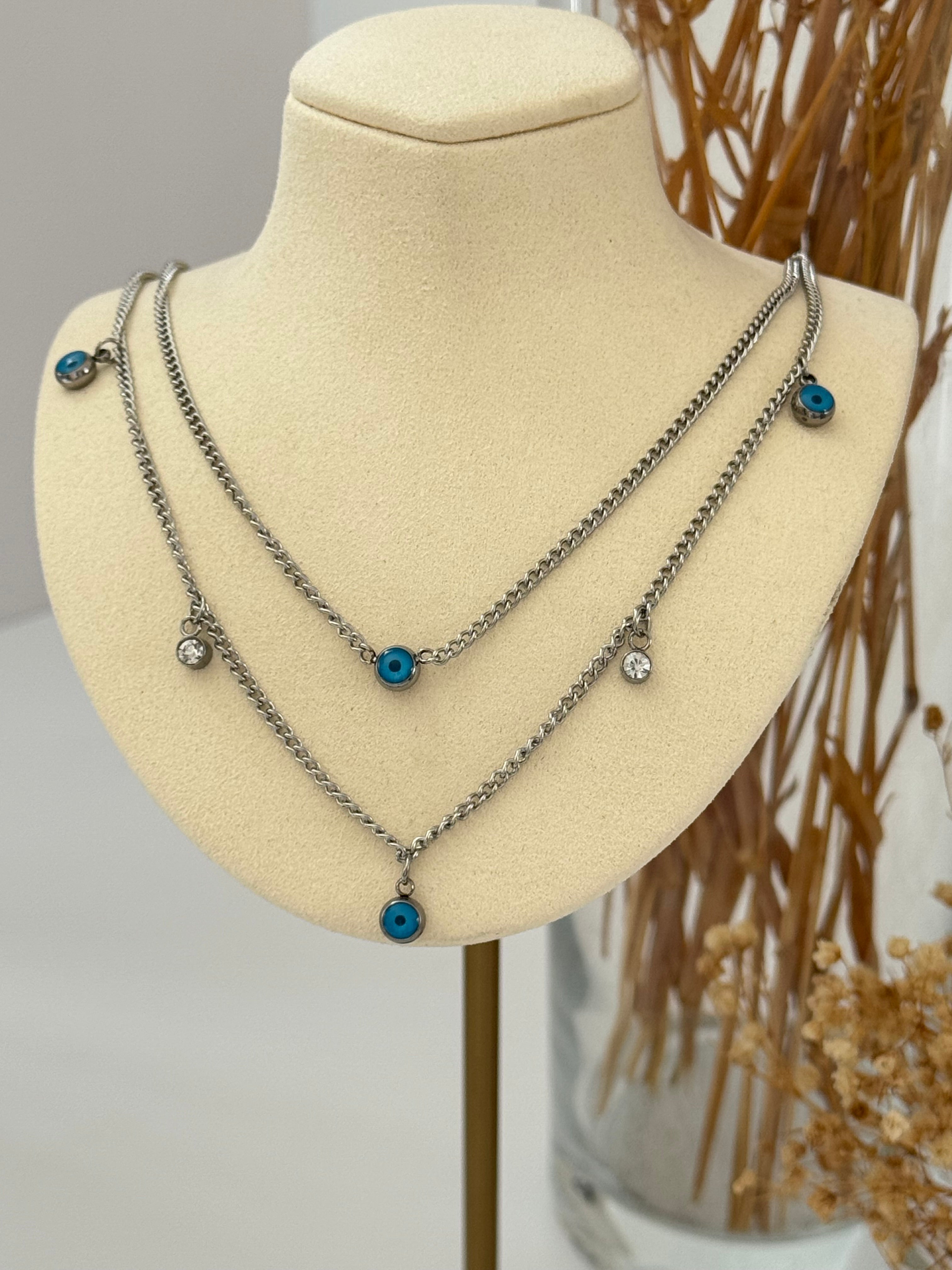 NAZAR BONCUK DETAYLI SİLVER  ÇELİK KOLYE