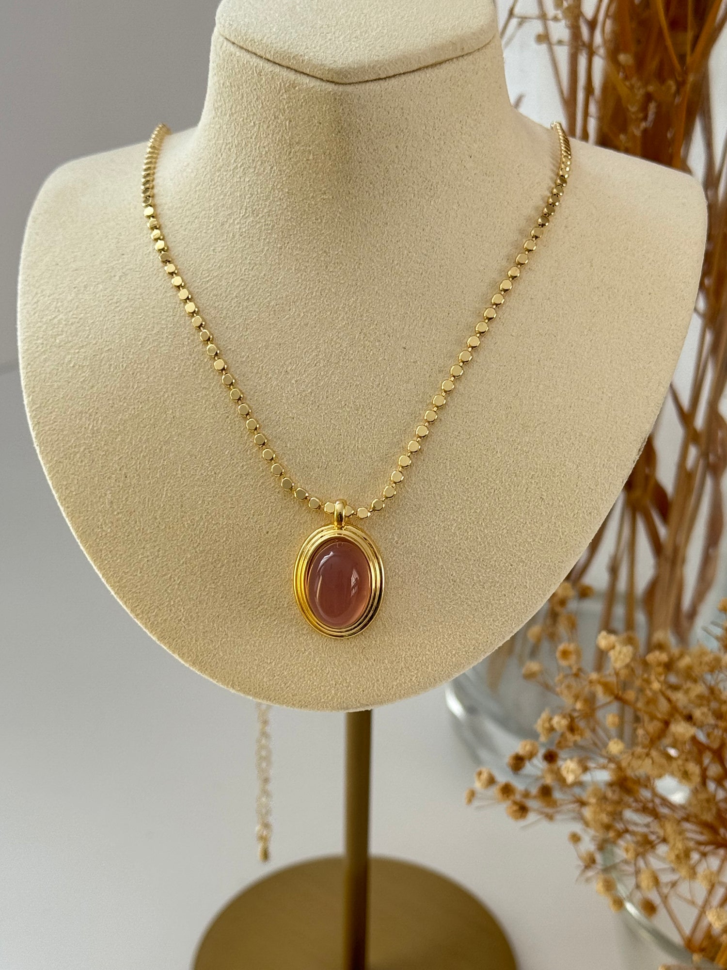 MARA PEMBE TAŞLI EZME ZİNCİRLİ UZUN KOLYE 60cm