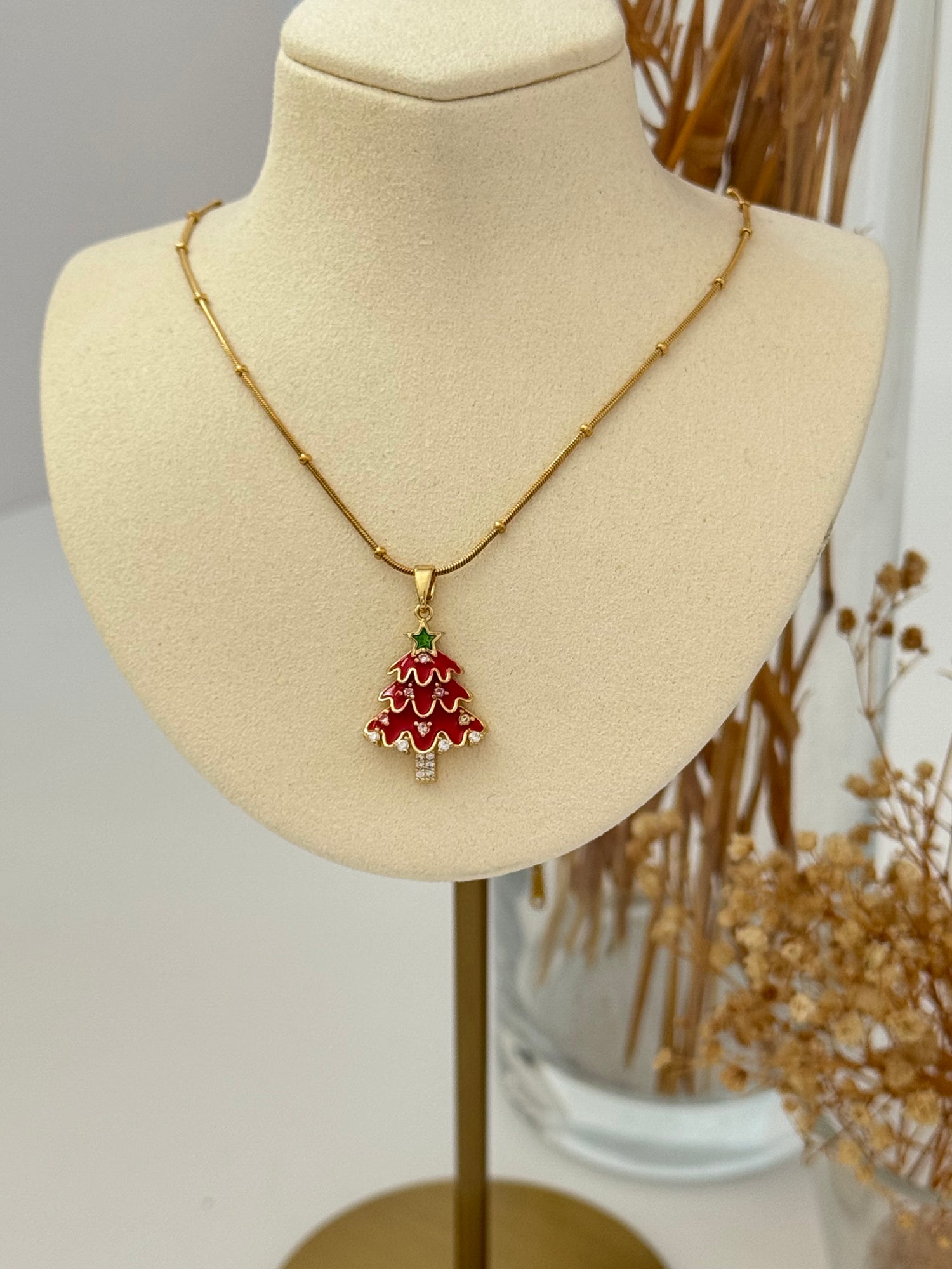 YILBAŞI KONSEPTLİ AĞAÇ DETAYLI GOLD ÇELİK KOLYE