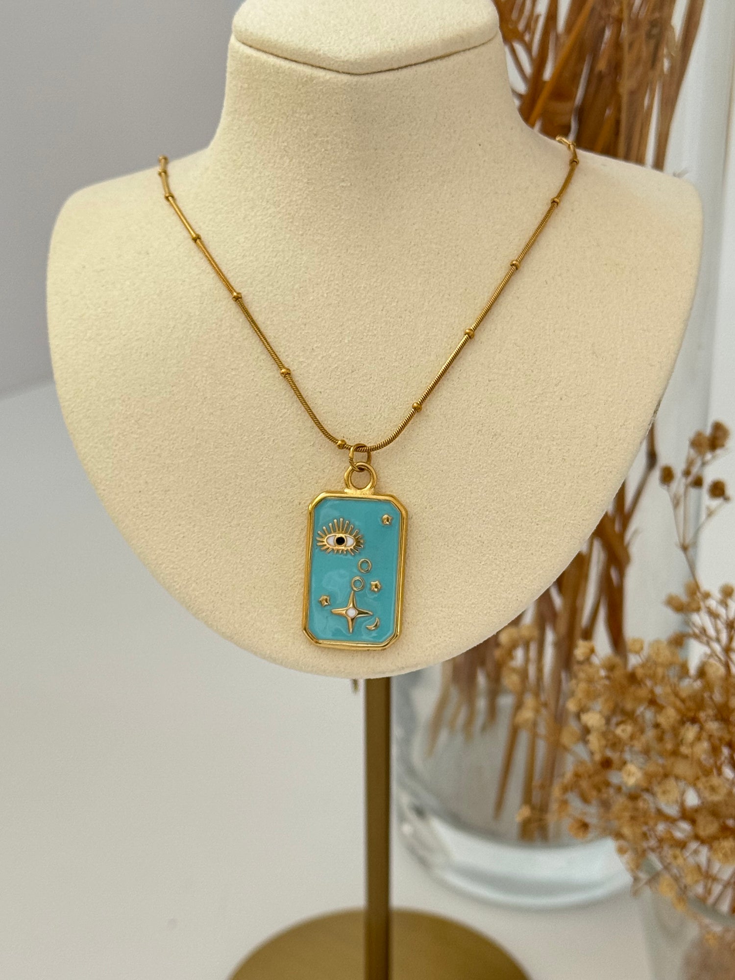 MAVİ RENKLİ GOLD TAROT ÇELİK KOLYE