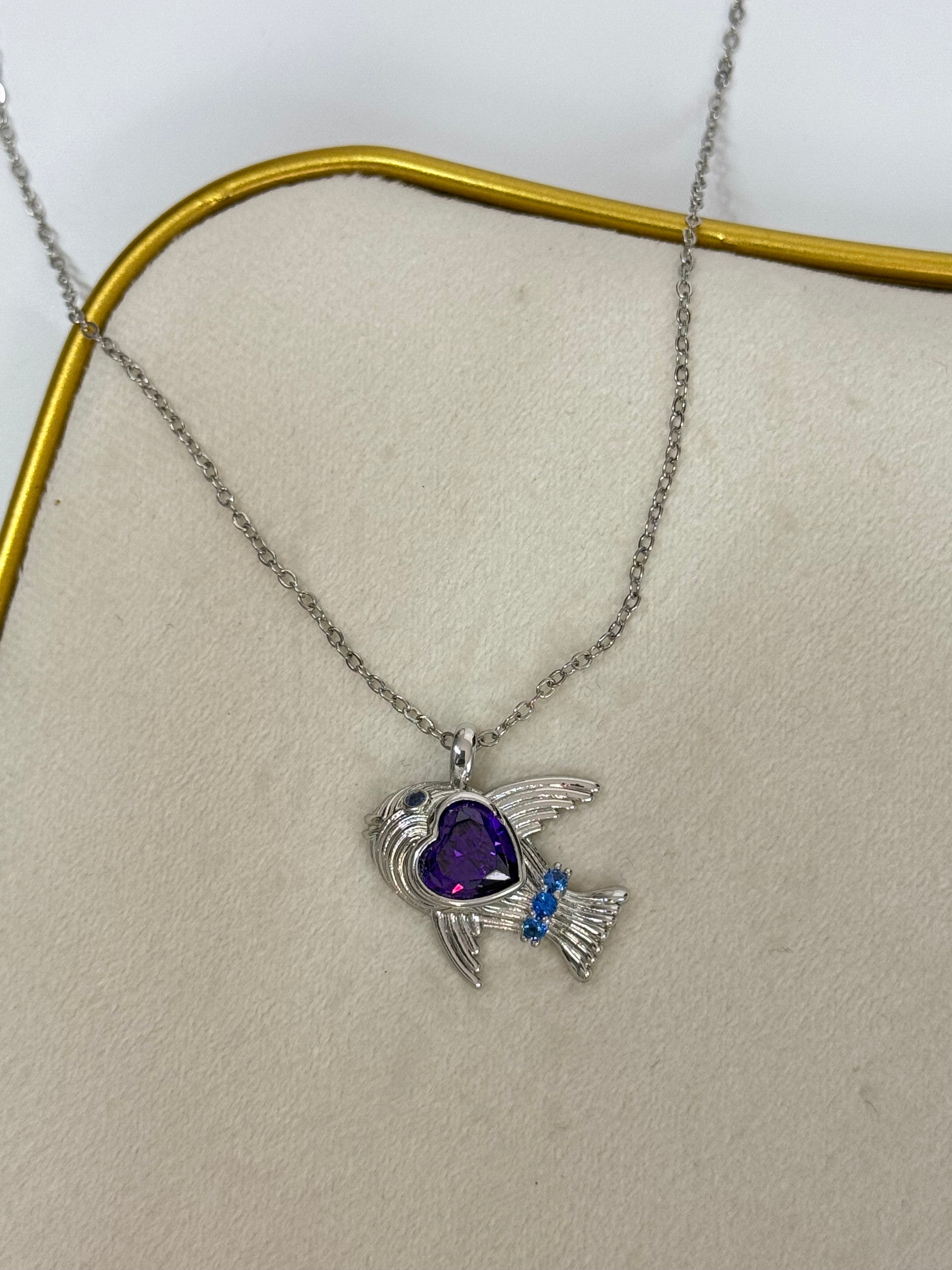 İTHAL MOR TAŞLI BALIK UZUN SİLVER KOLYE