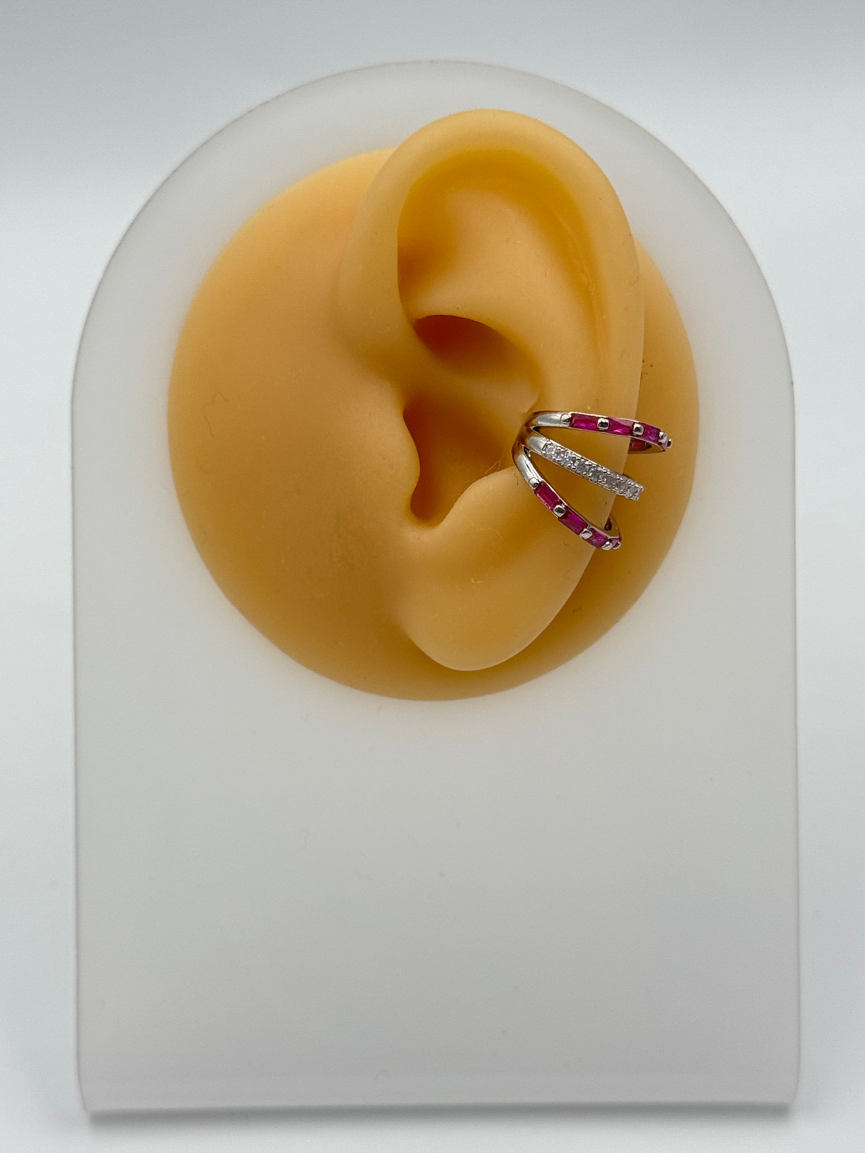 İTHAL FUŞYA TAŞ DETAYLI SİLVER KIKIRDAK KÜPE EARCUFF