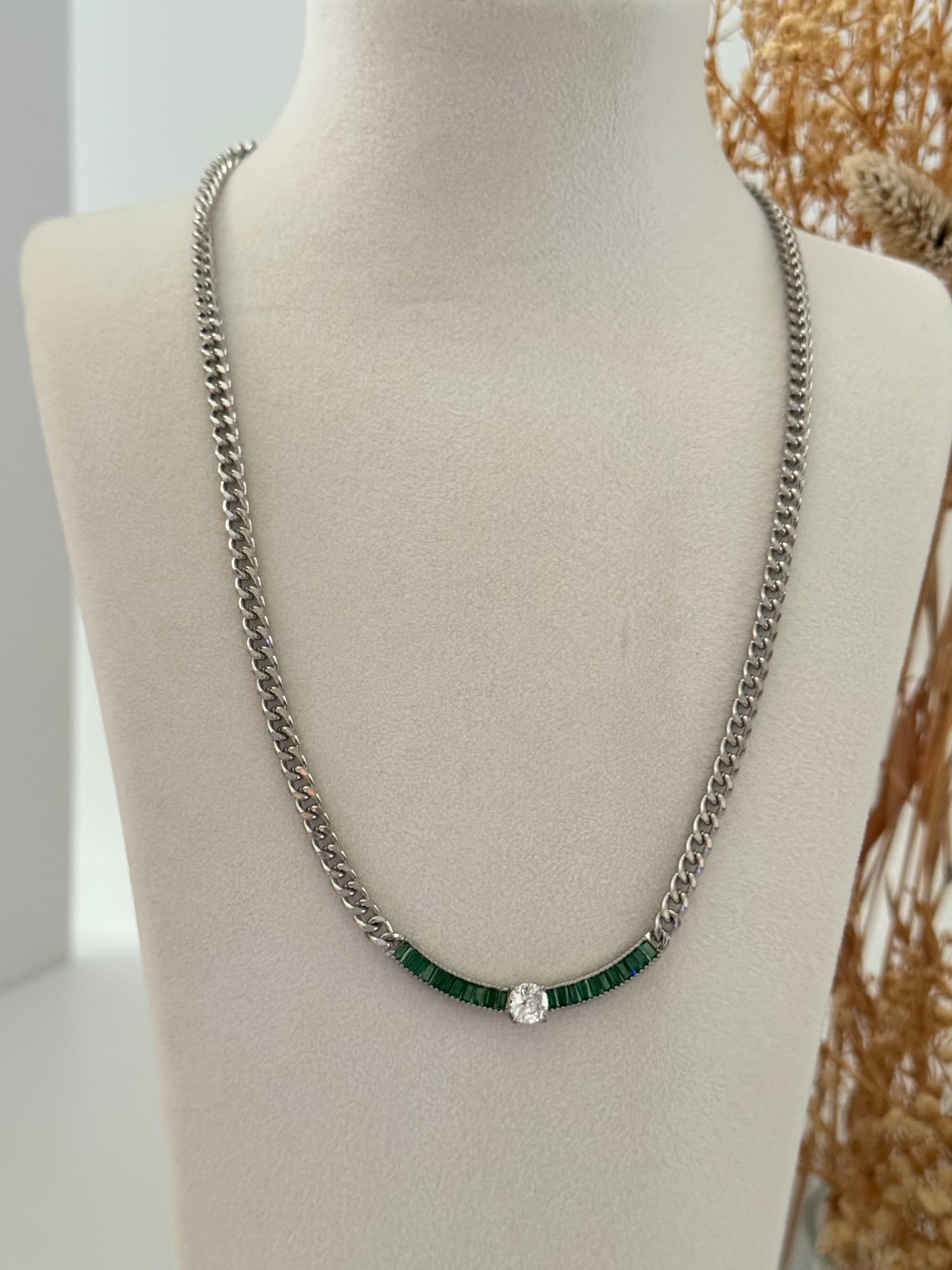 İTHAL YEŞİL TAŞLI SİLVER ZİNCİR KOLYE