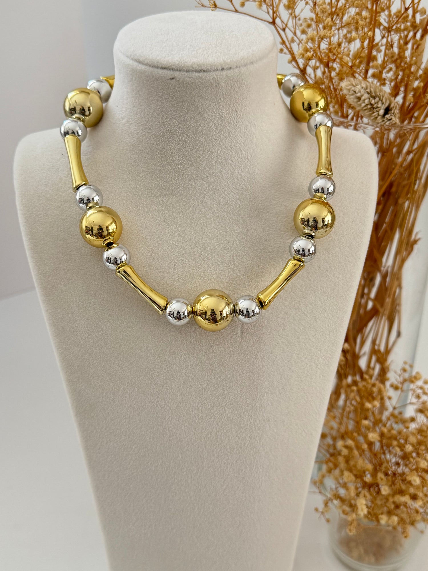 İTHAL TOP DETAYLI SİLVER-GOLD KOLYE