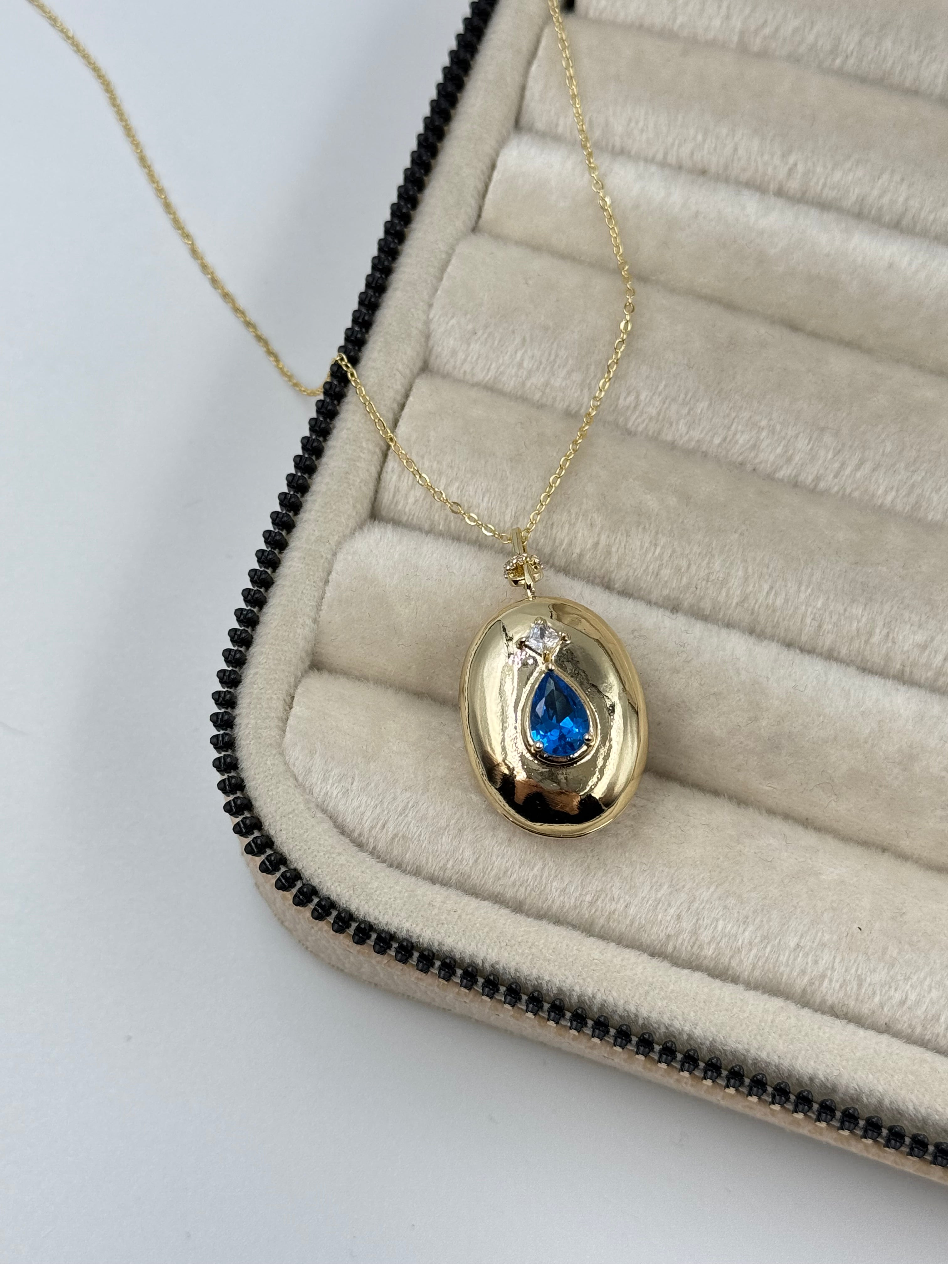 İTHAL KAPAKLI AÇILABİLİR RESİMLİKLİ MAVİ TAŞLI UZUN GOLD KOLYE