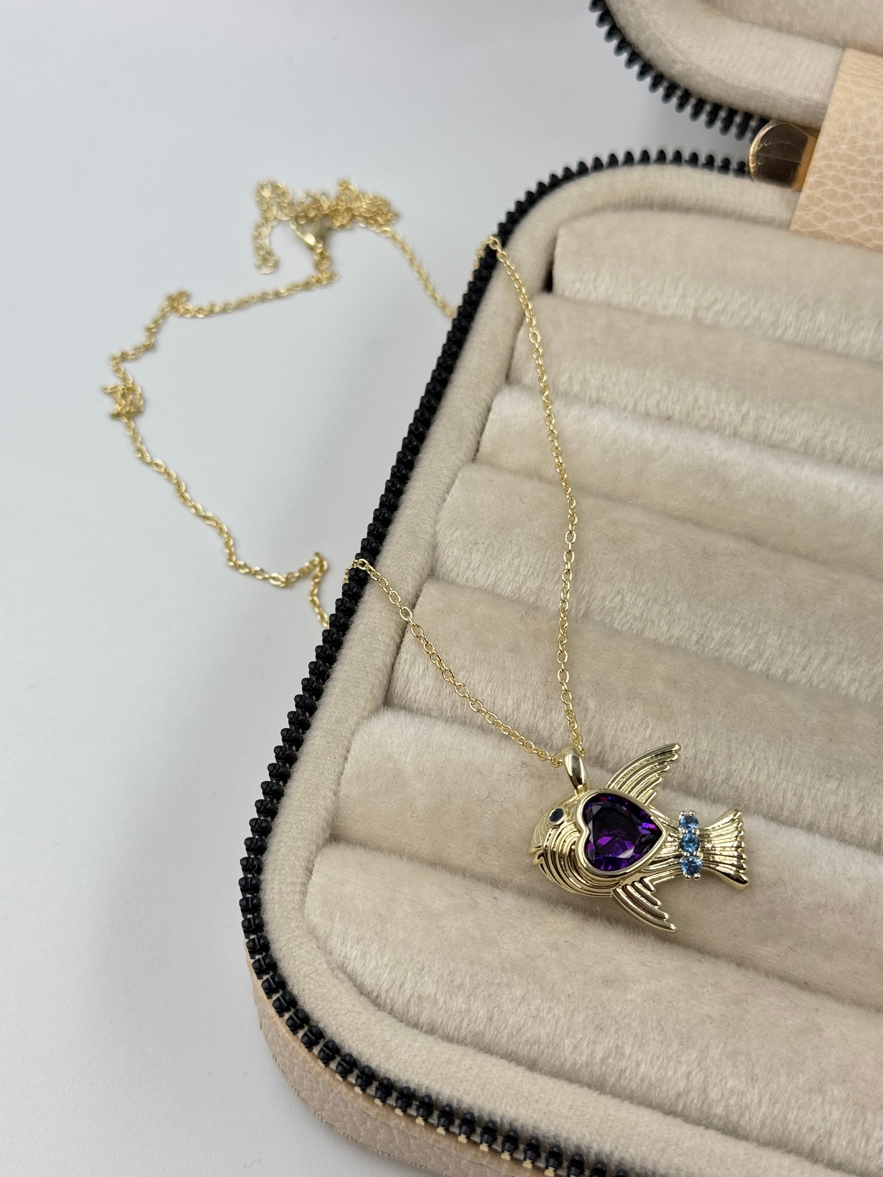 İTHAL MOR TAŞLI BALIK UZUN GOLD KOLYE