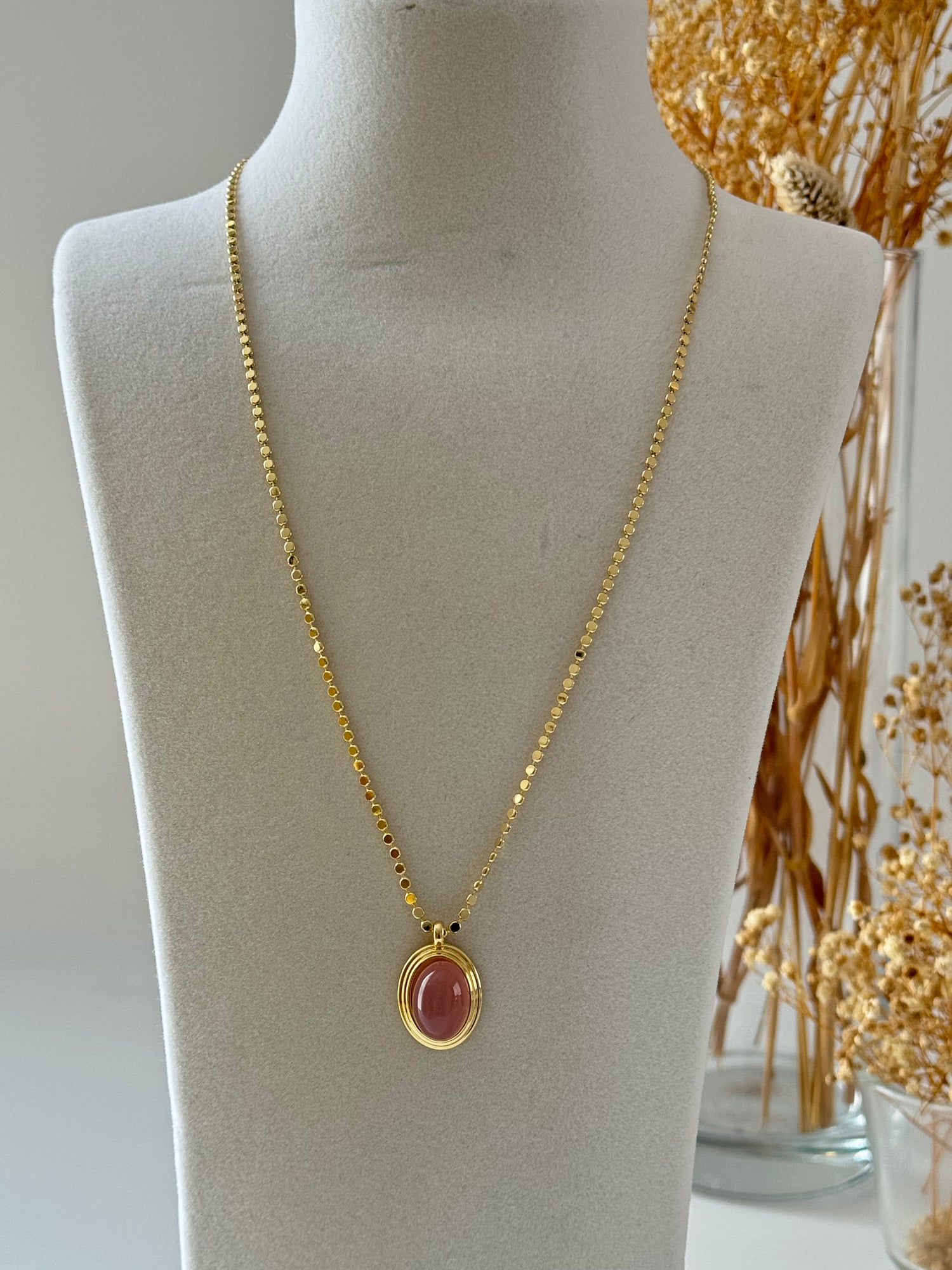 MARA PEMBE TAŞLI EZME ZİNCİRLİ UZUN KOLYE 60cm