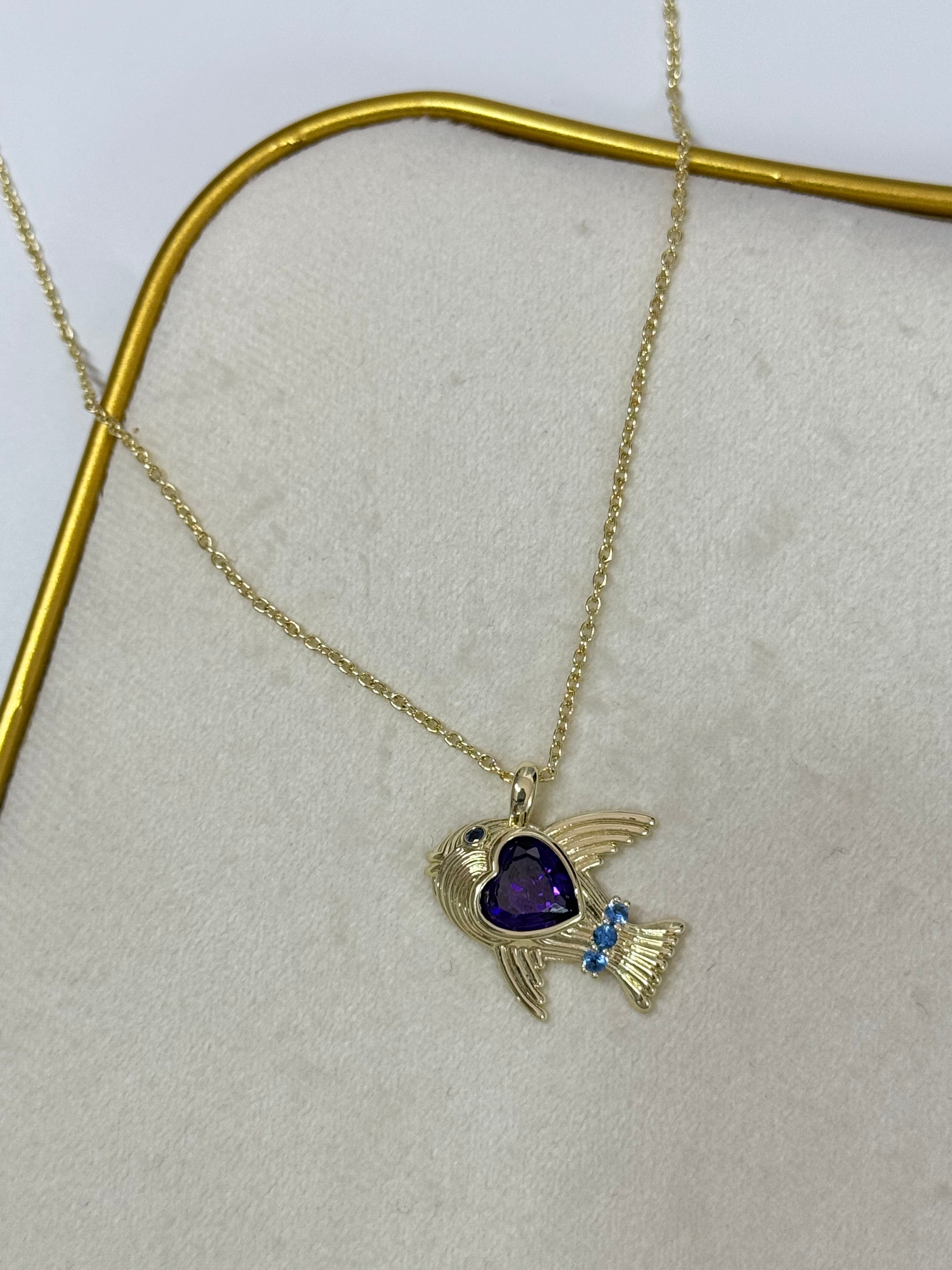 İTHAL MOR TAŞLI BALIK UZUN GOLD KOLYE