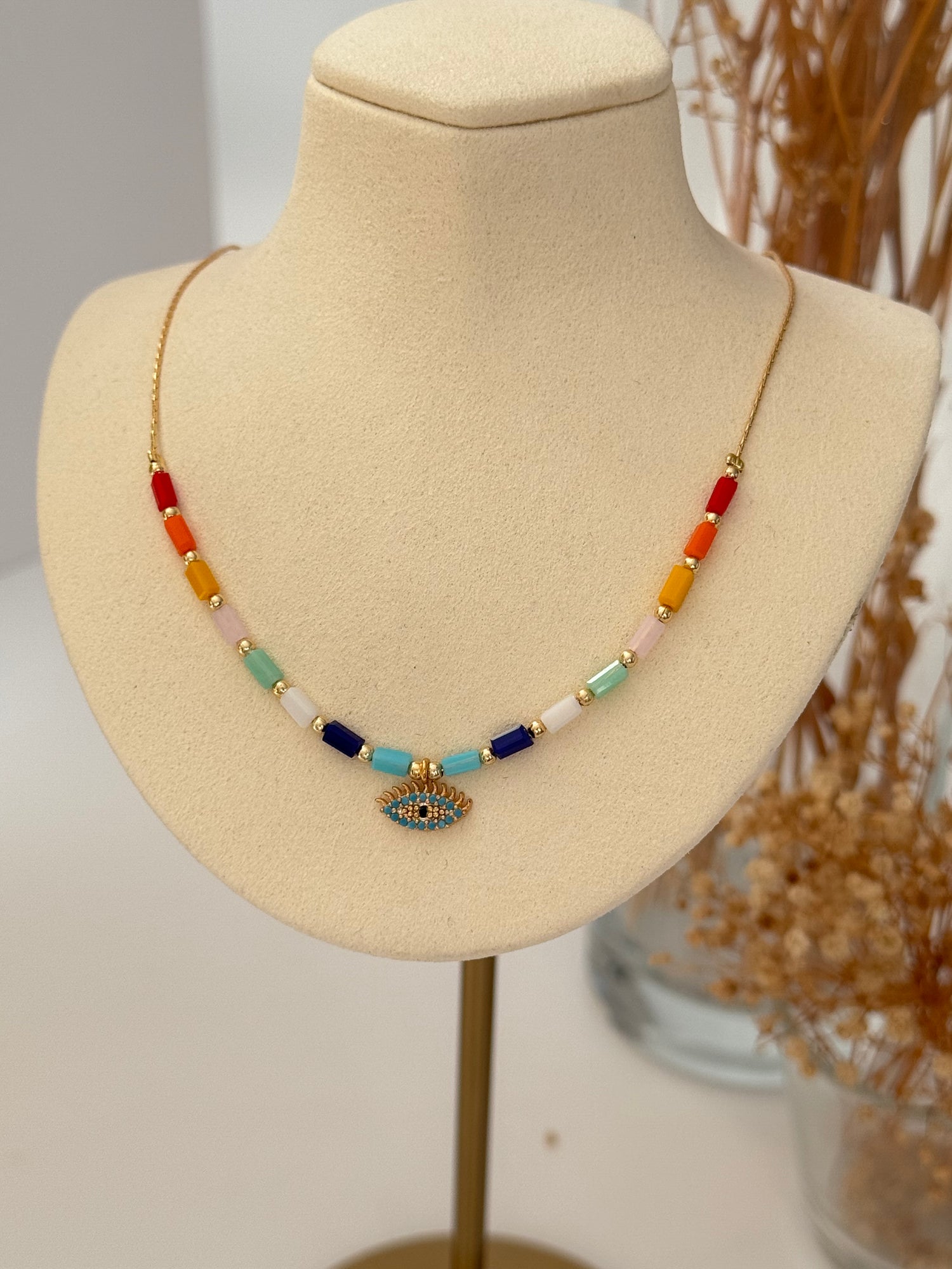 SORE RENKLİ TAŞLI GÖZ DETAYLI GOLD ALTIN KAPLAMA KOLYE