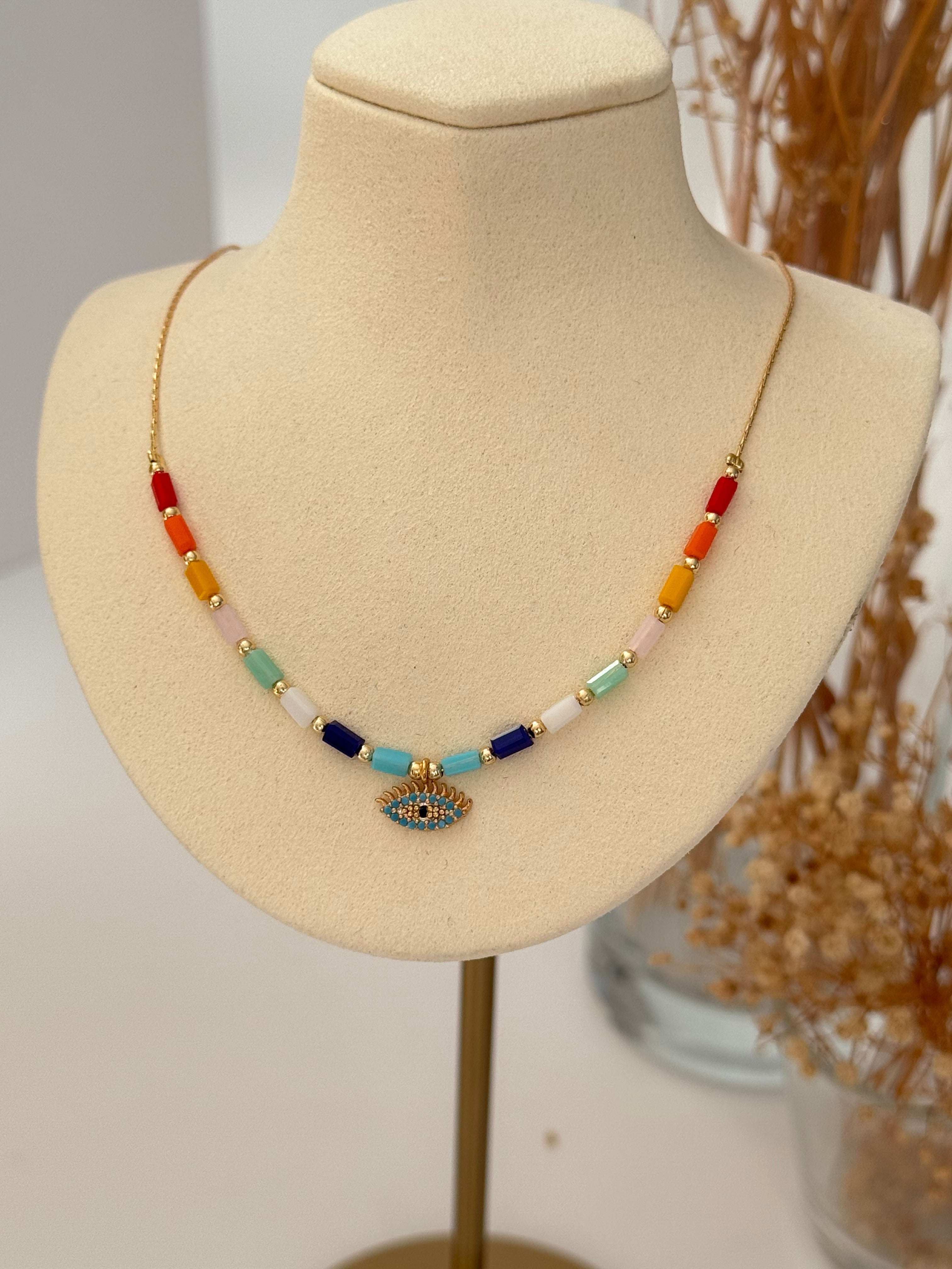 SORE RENKLİ TAŞLI GÖZ DETAYLI GOLD ALTIN KAPLAMA KOLYE