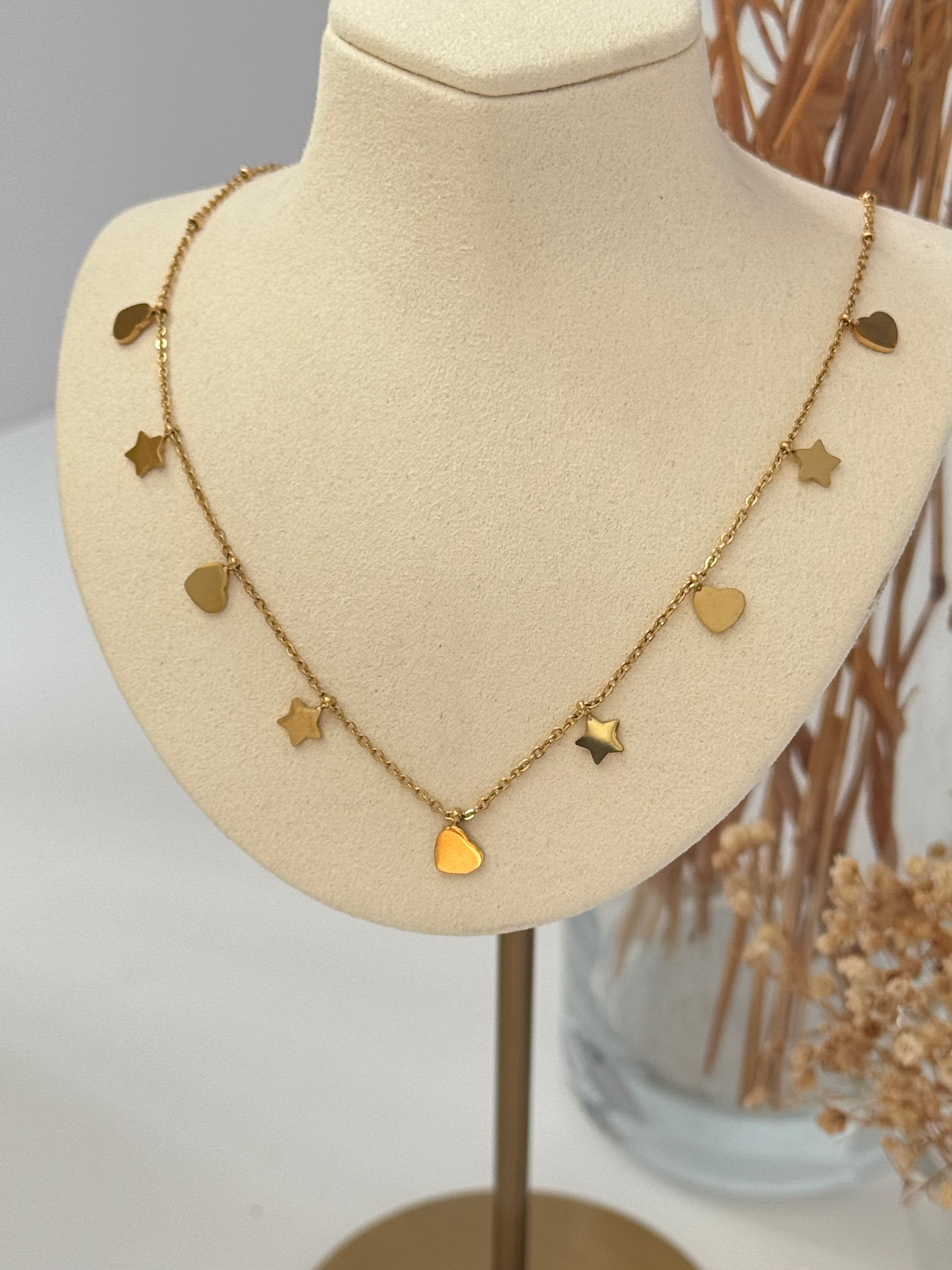 YILDIZ KALP DETAYLI GOLD ÇELİK KOLYE