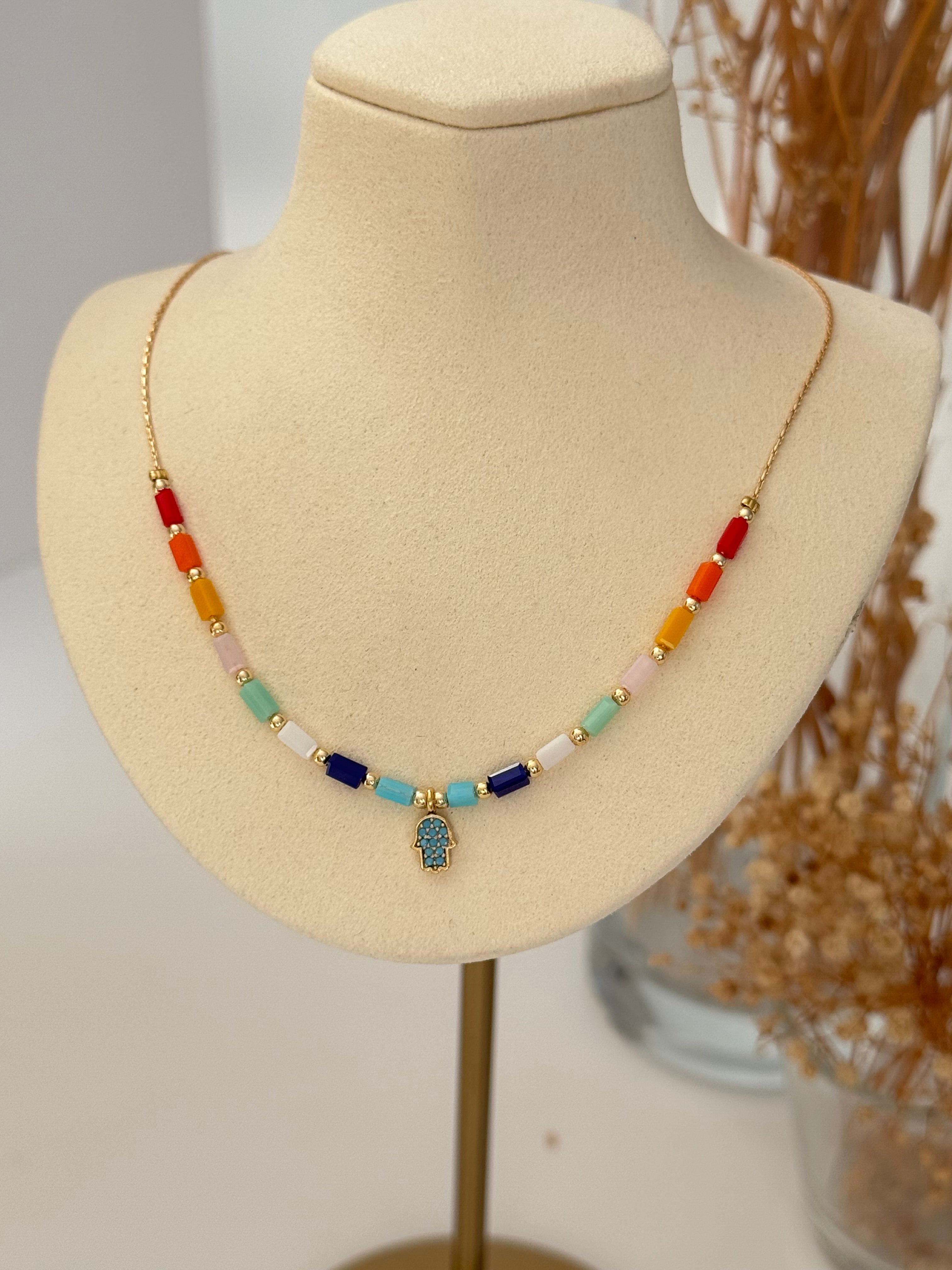 SORE RENKLİ TAŞLI FATIMA ANA DETAYLI GOLD ALTIN KAPLAMA KOLYE