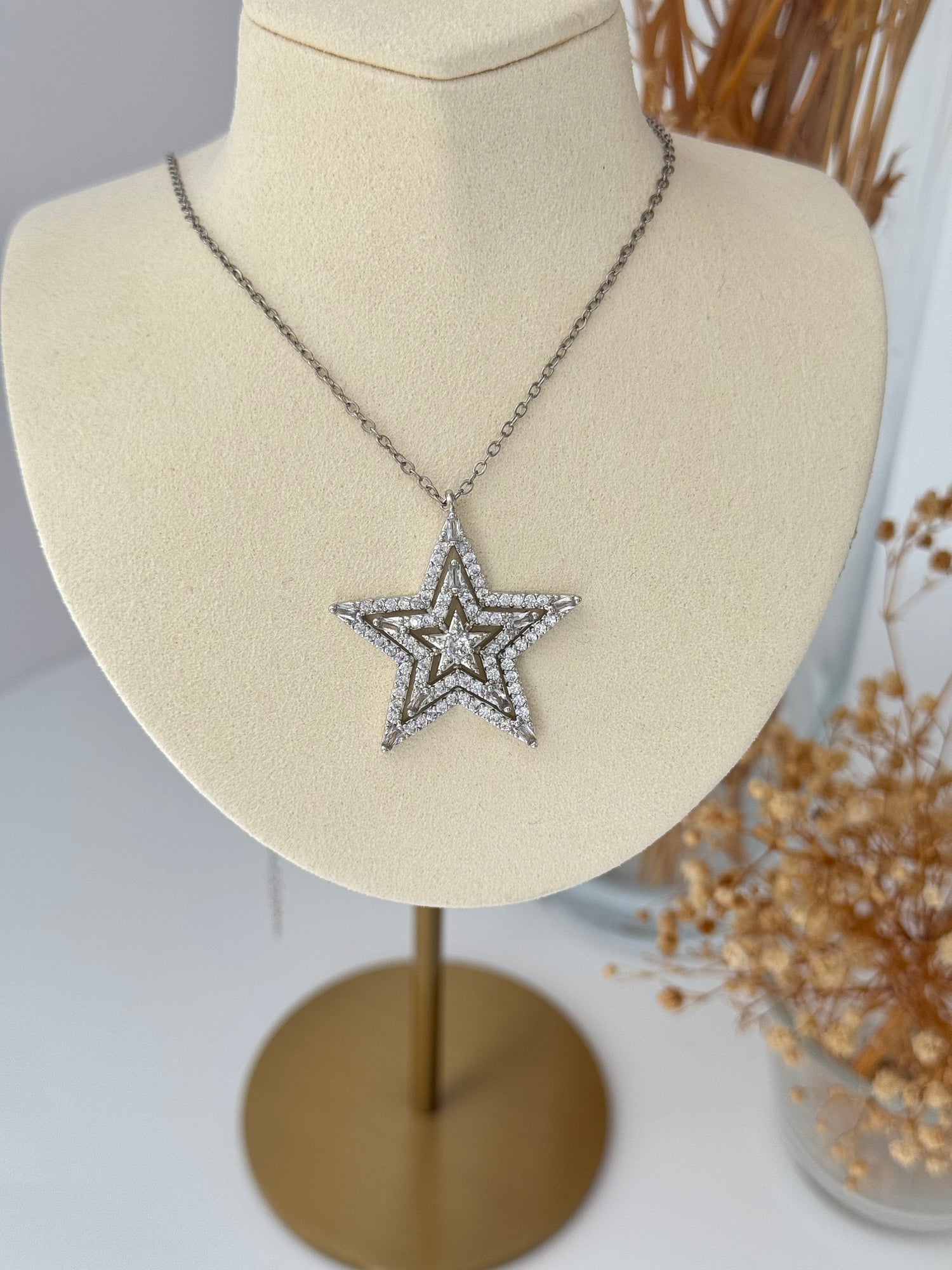 İTHAL YILDIZ DETAYLI UZUN SİLVER KOLYE