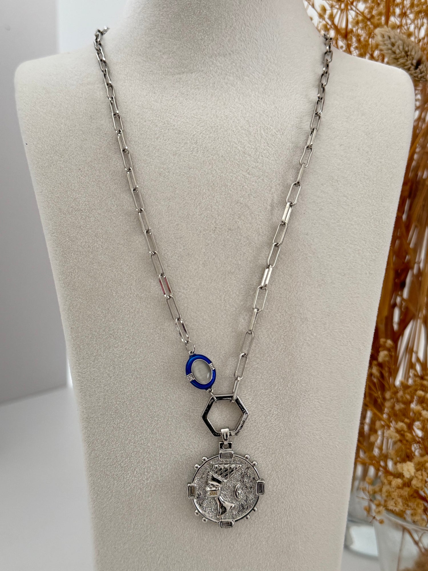 ANTİK İTHAL SİLVER UZUN KOLYE