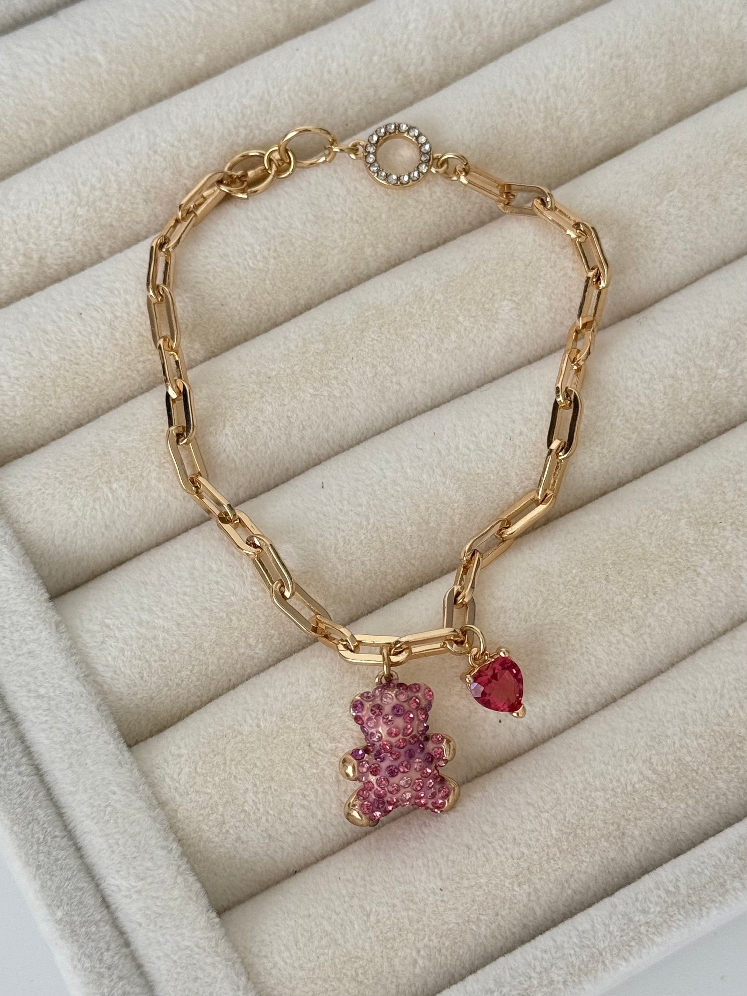 İTHAL PEMBE AYICIK TEDDY DETAYLI GOLD BİLEKLİK