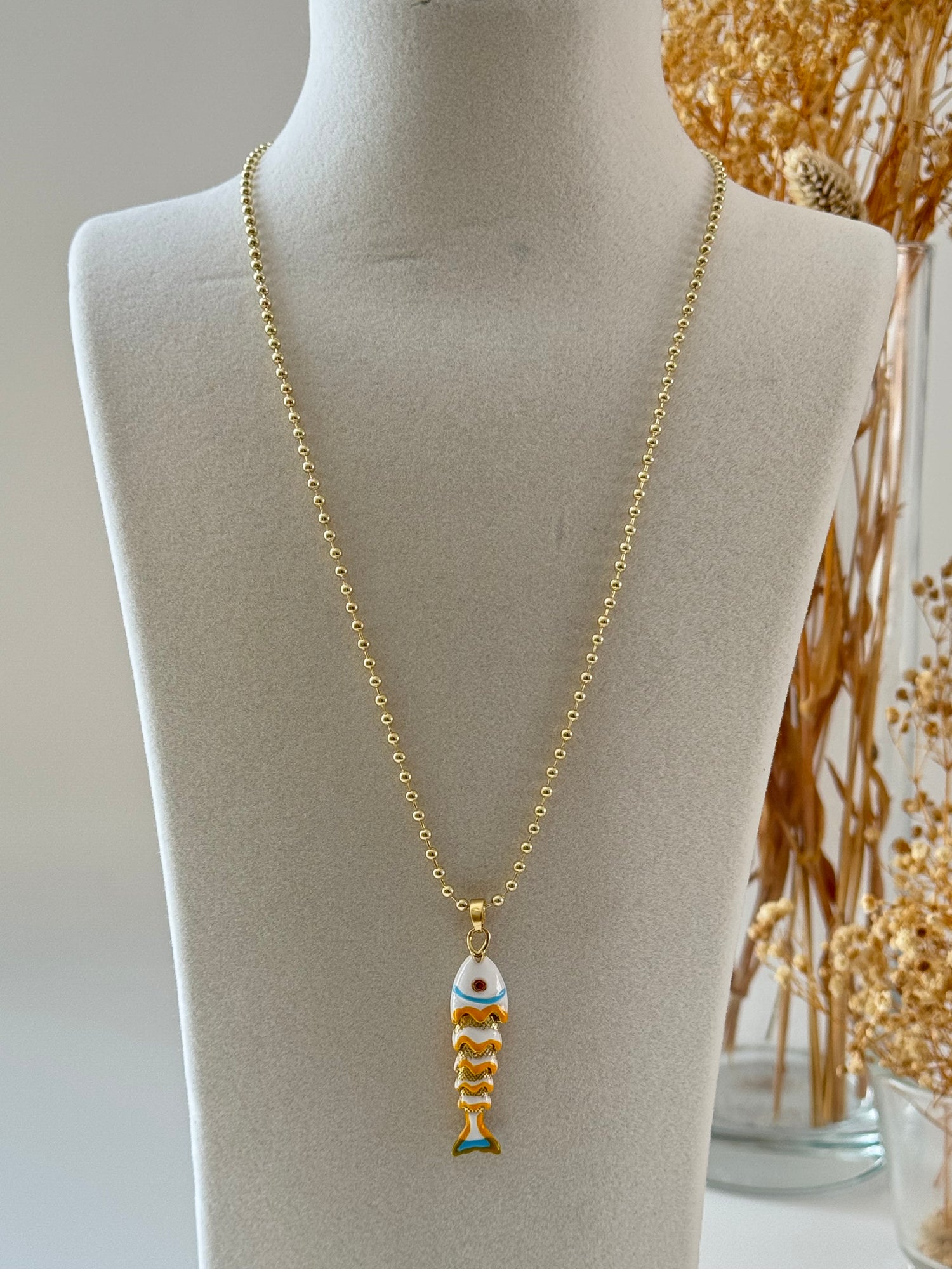 İTHAL BEYAZ BALIK GOLD UZUN KOLYE 60cm